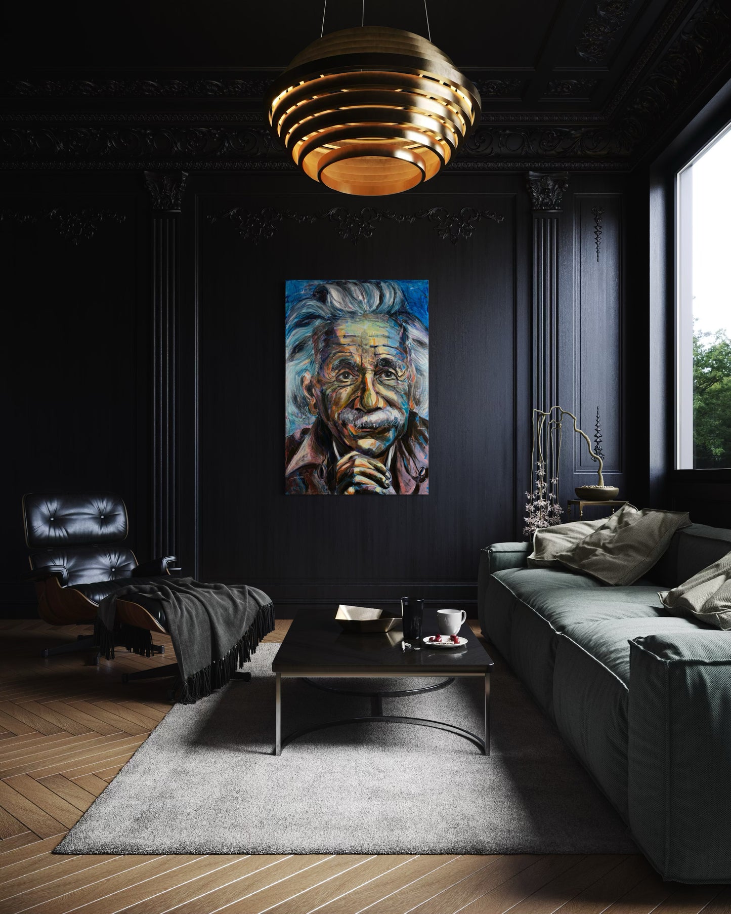 Albert Einstein original painting by Gkotsi Art displayed in black living room interior