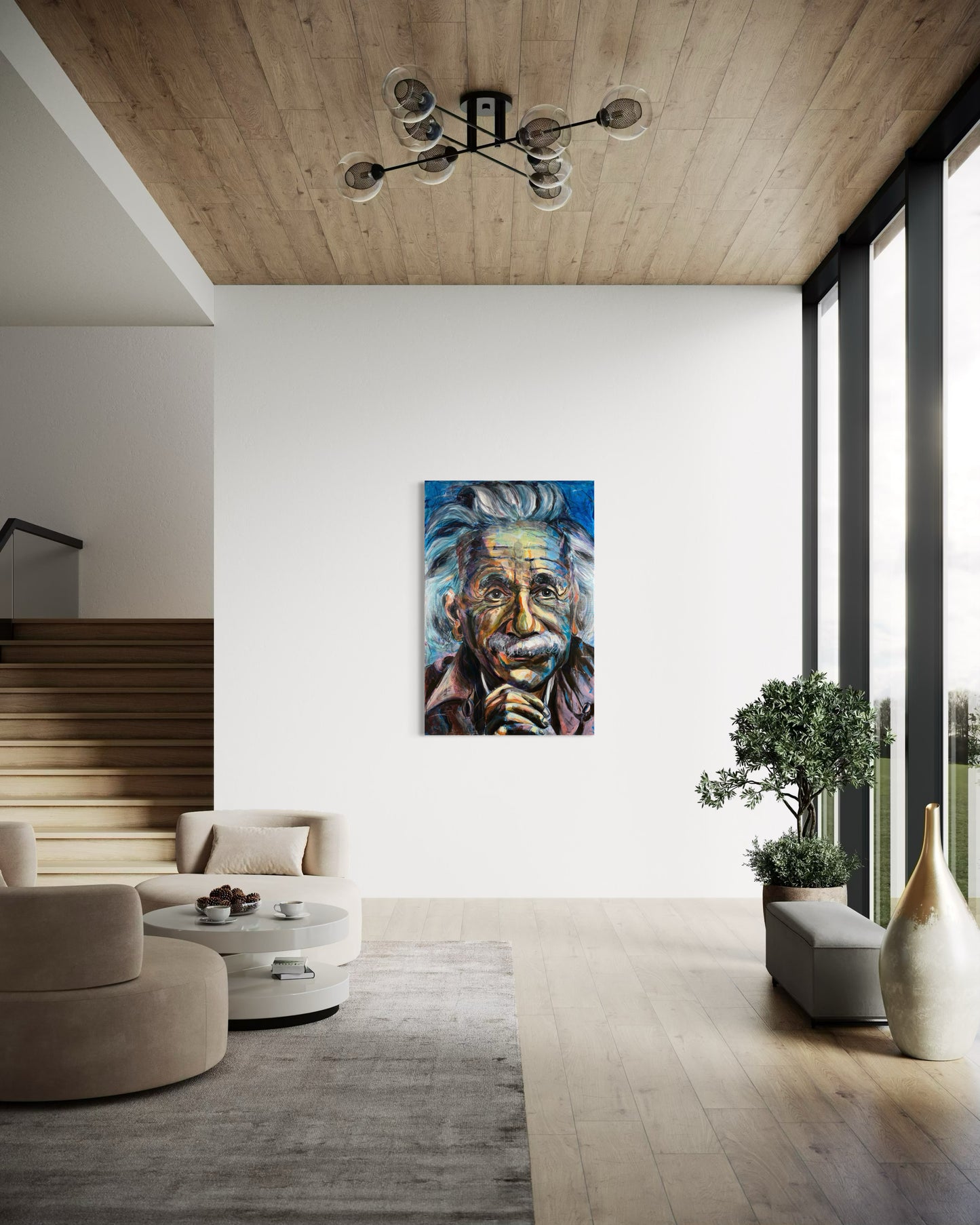 Albert Einstein original painting by Gkotsi Art in modern loft entrance