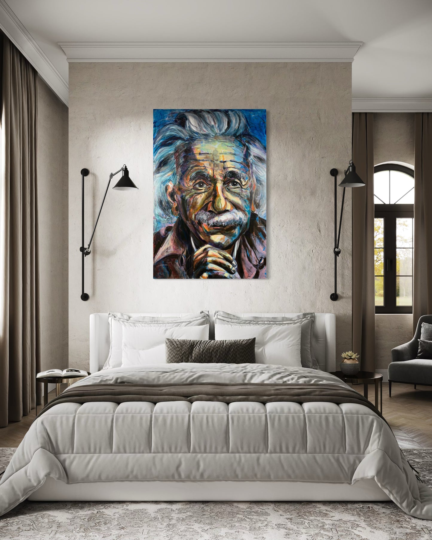 Albert Einstein original painting by Gkotsi Art hanging in contemporary bedroom setting