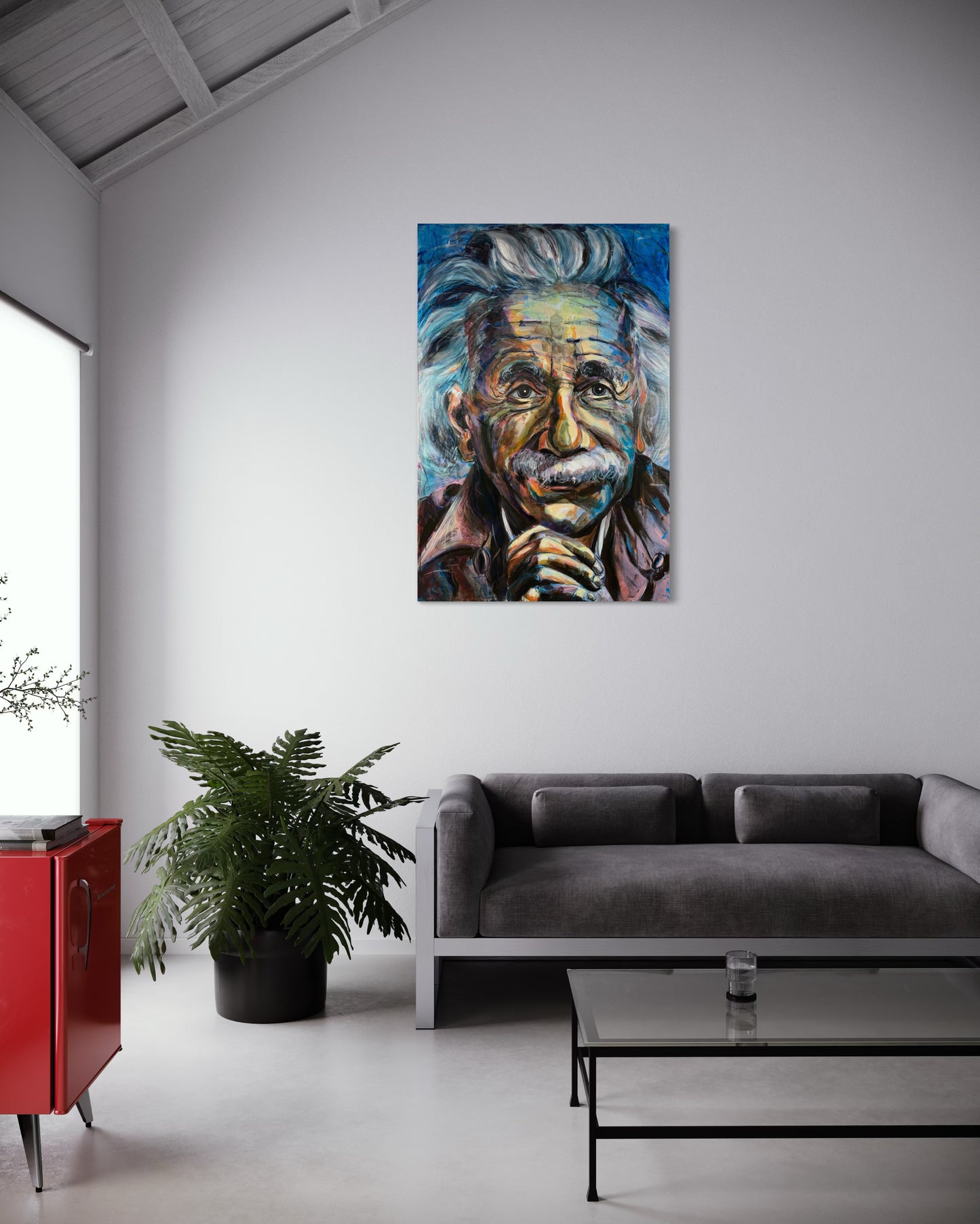 Albert Einstein original painting by Gkotsi Art in attic room interior