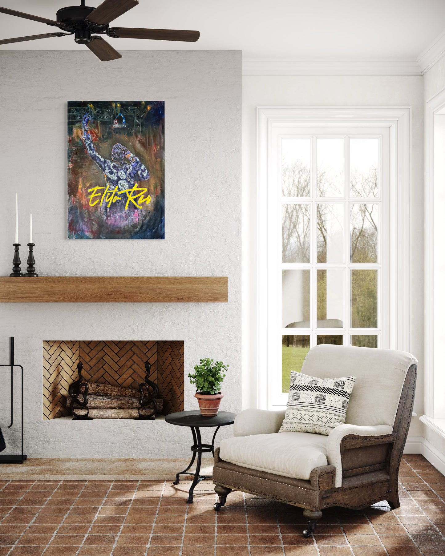 Elito Reve portrait painting above fireplace with cozy armchair