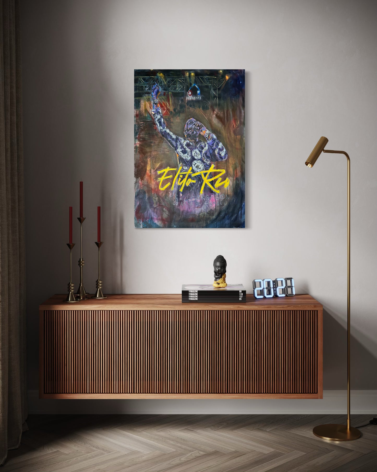 Elito Reve portrait painting above wooden dresser