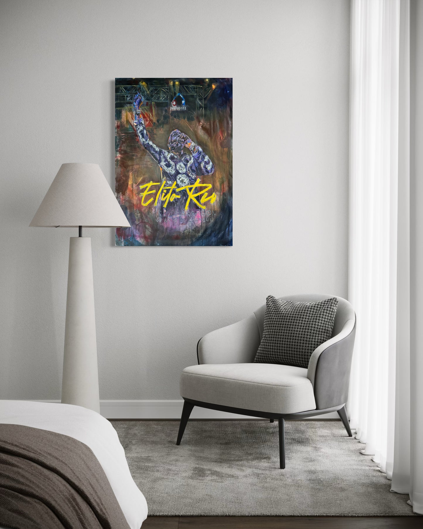 Elito Reve portrait painting in bedroom with sofa