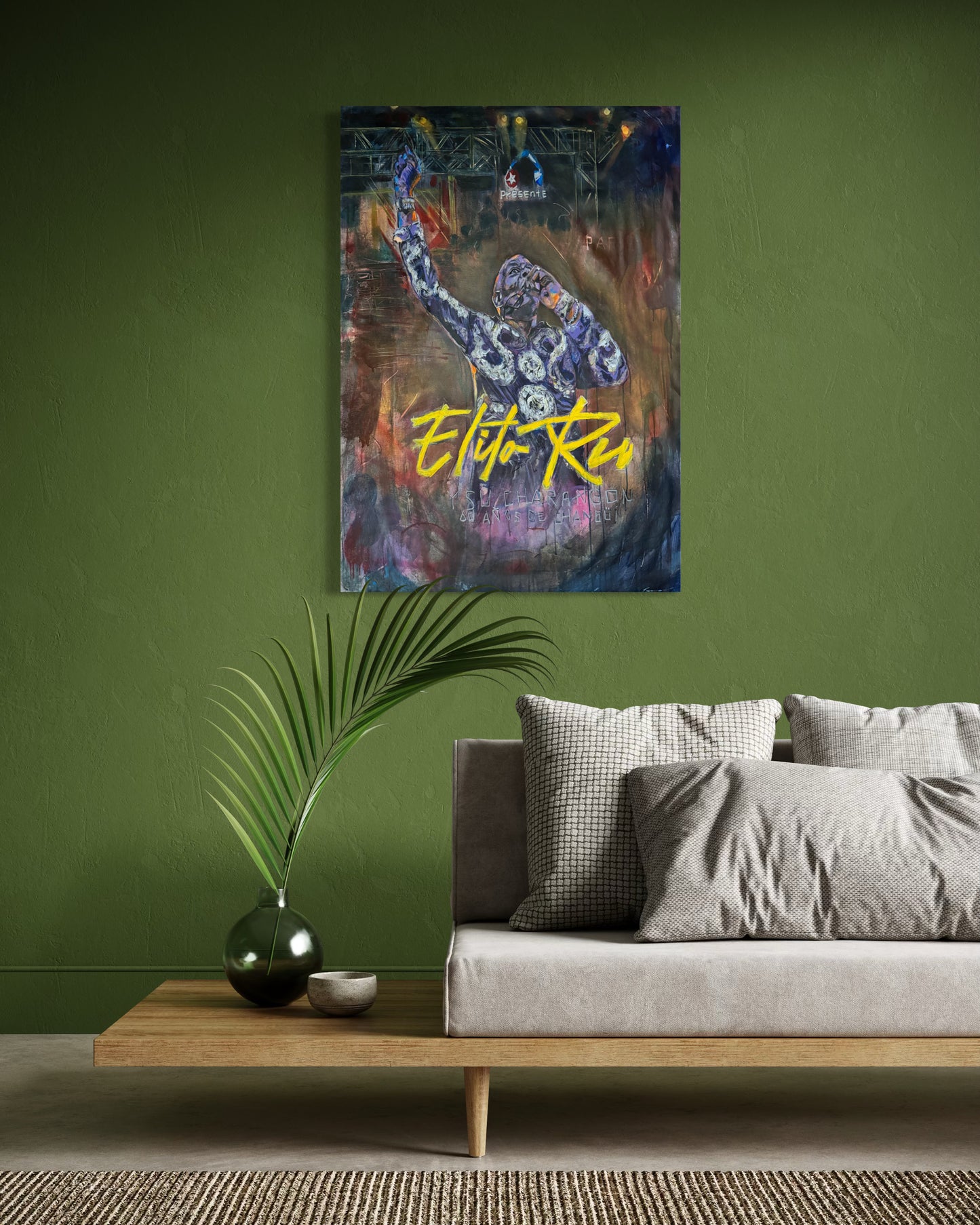 Elito Reve on green wall with beige couch