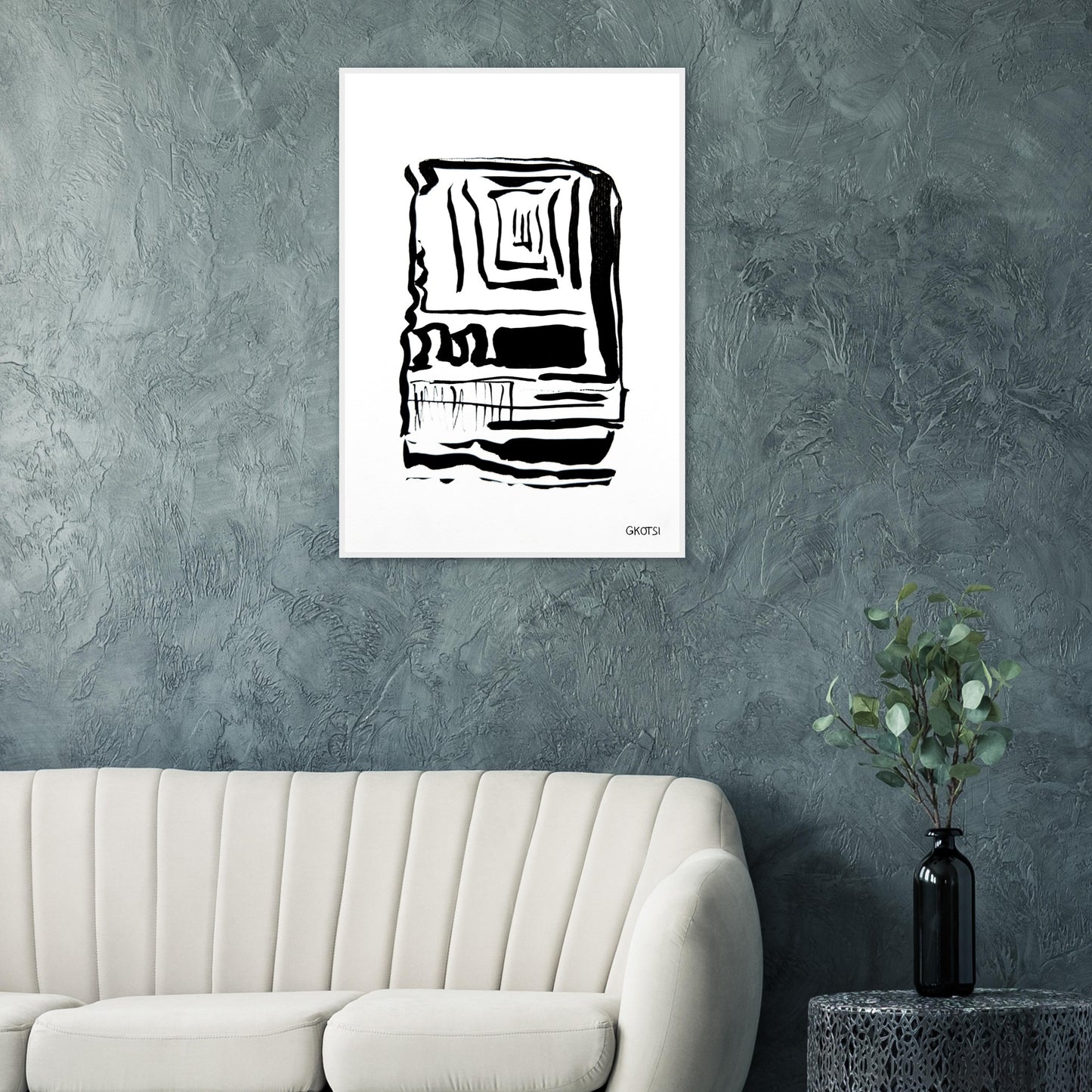 FOCUS poster print above grey sofa in living room