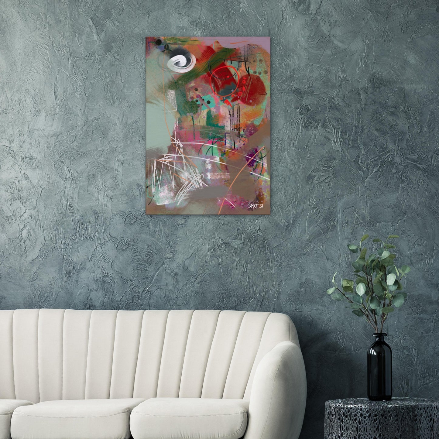 FUNBOARD Digital Canvas Print hanging above grey sofa
