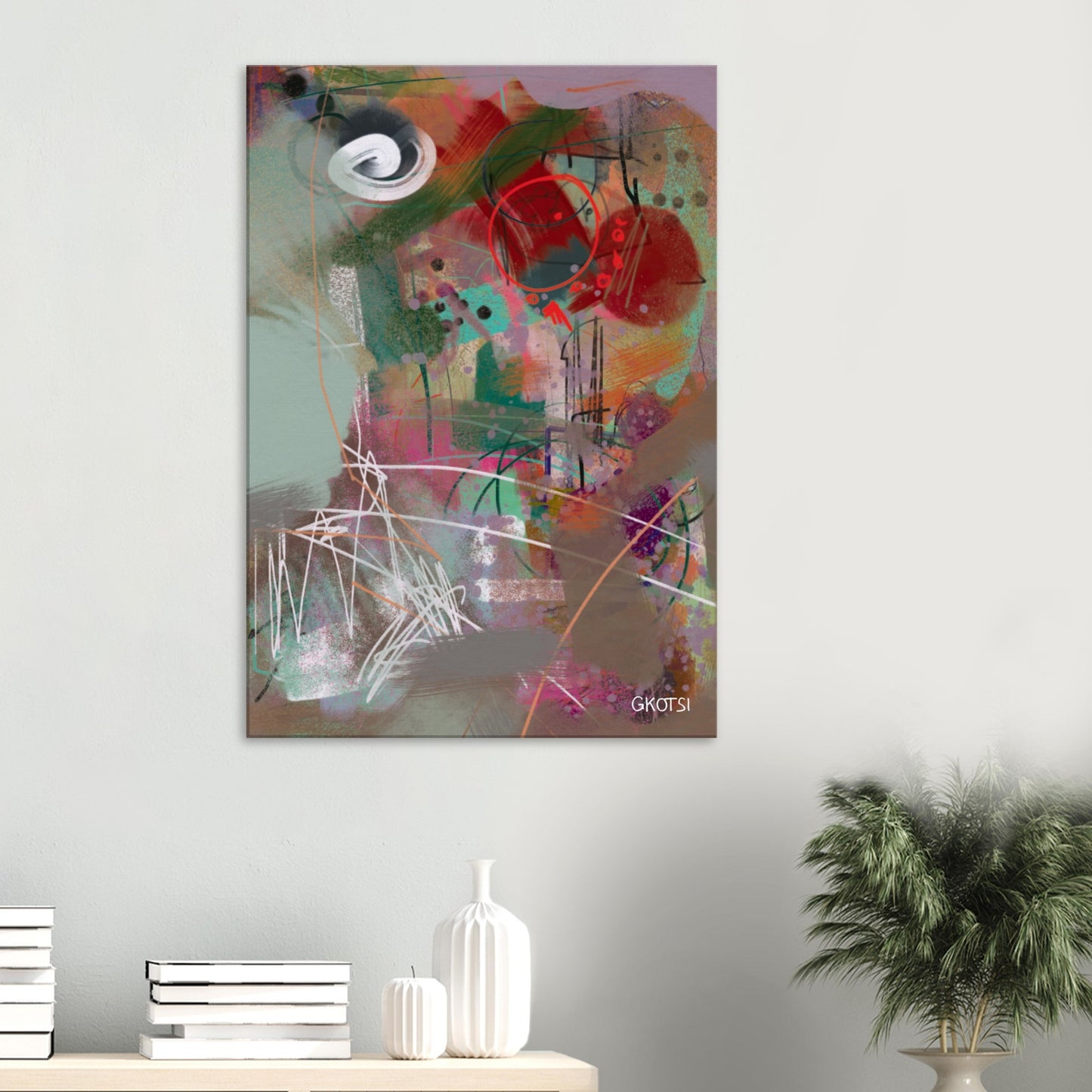 FUNBOARD Digital Canvas Print mounted above side table with green plant
