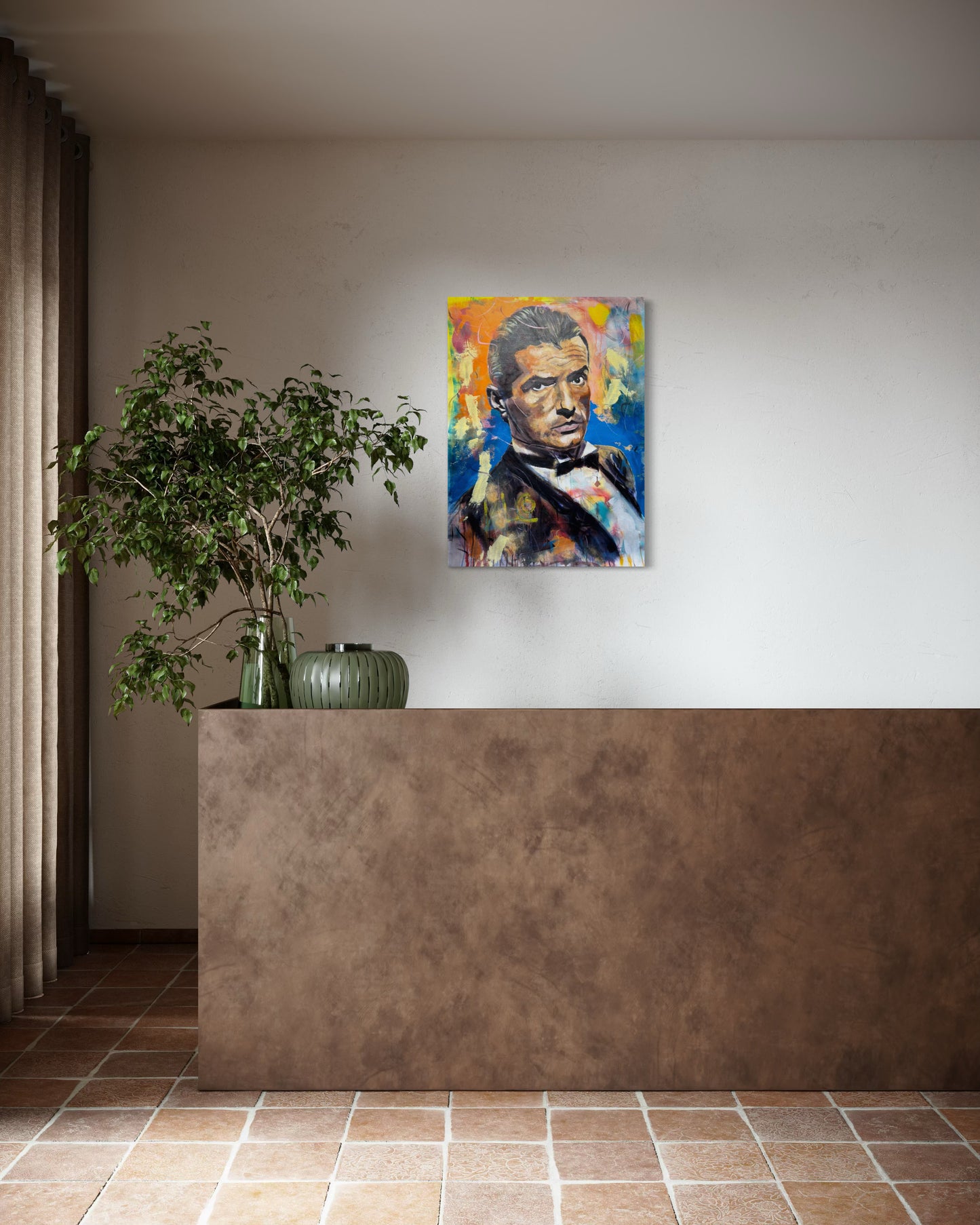 Falco painting above reception with plant