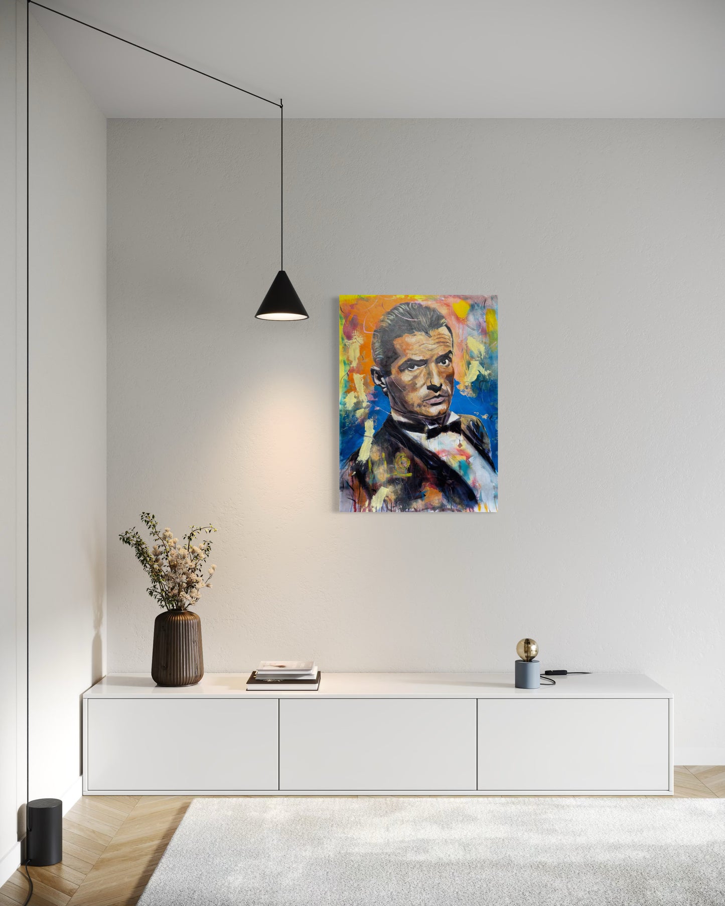 Falco painting above stylish dresser in white with minimal interior