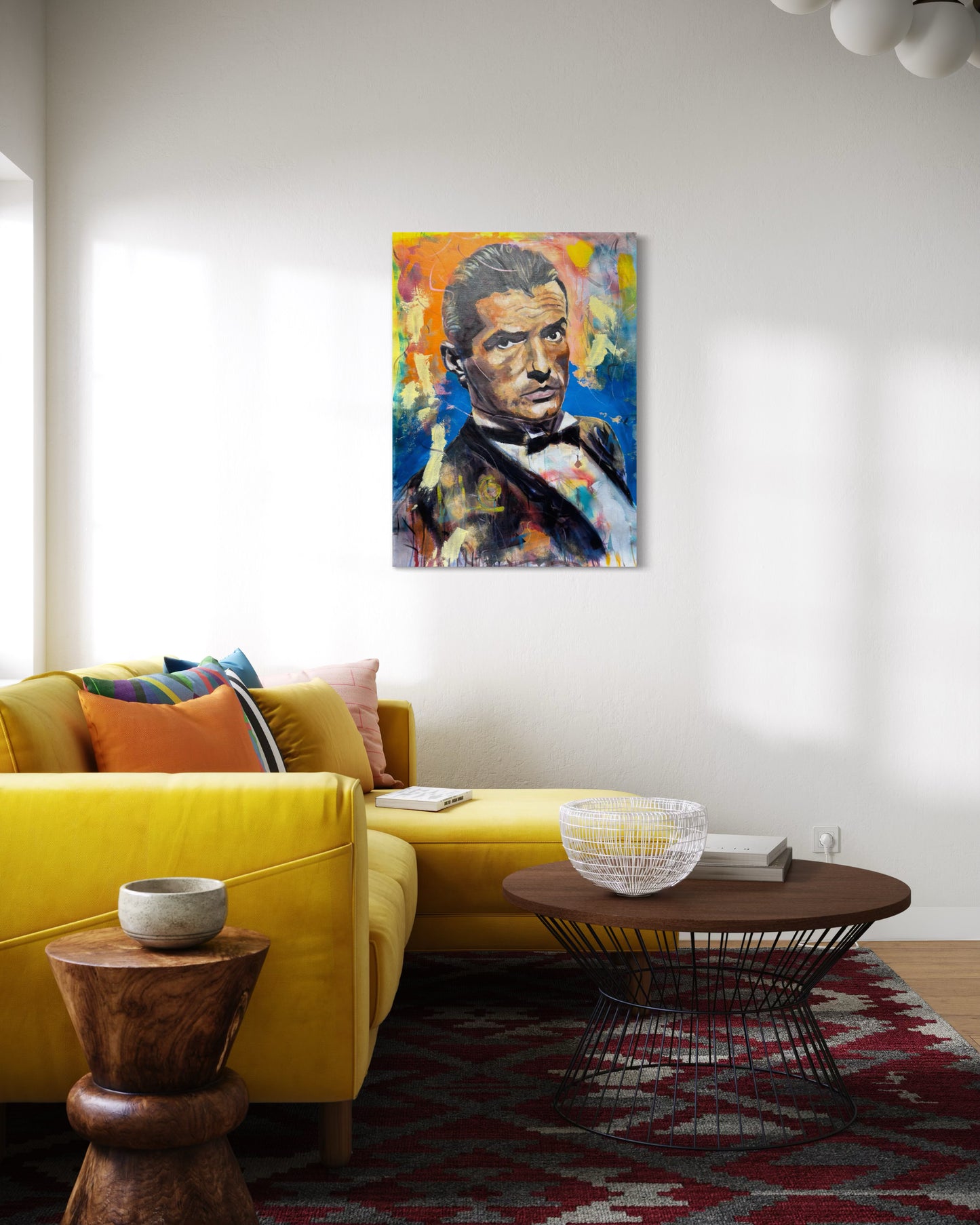 Falco painting above yellow velvet couch