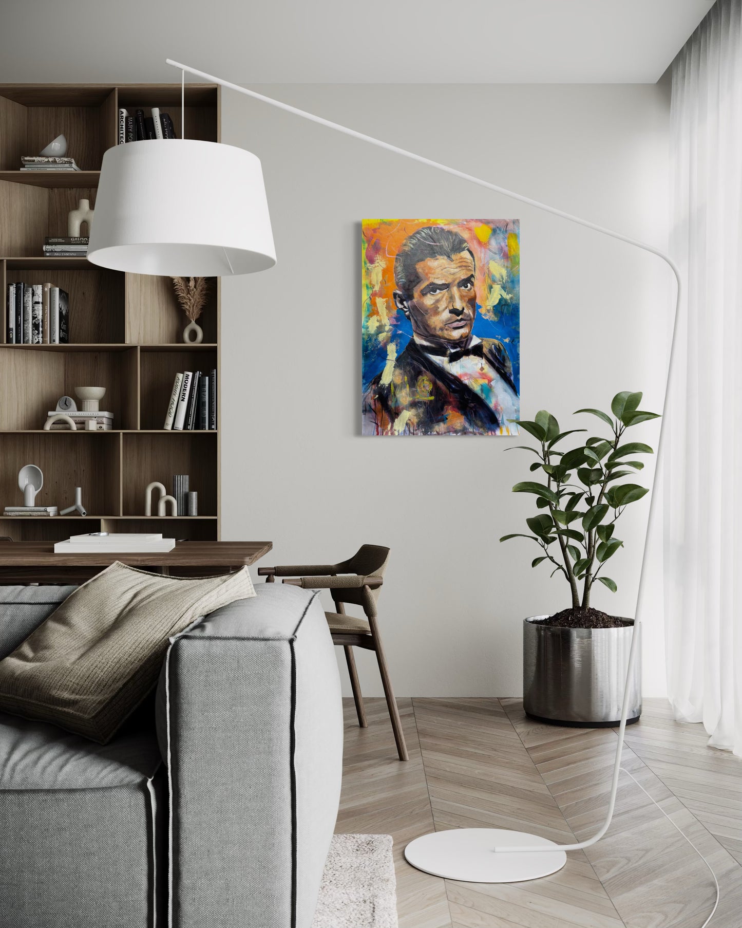 Falco portrait painting in living room corner next to veranda door