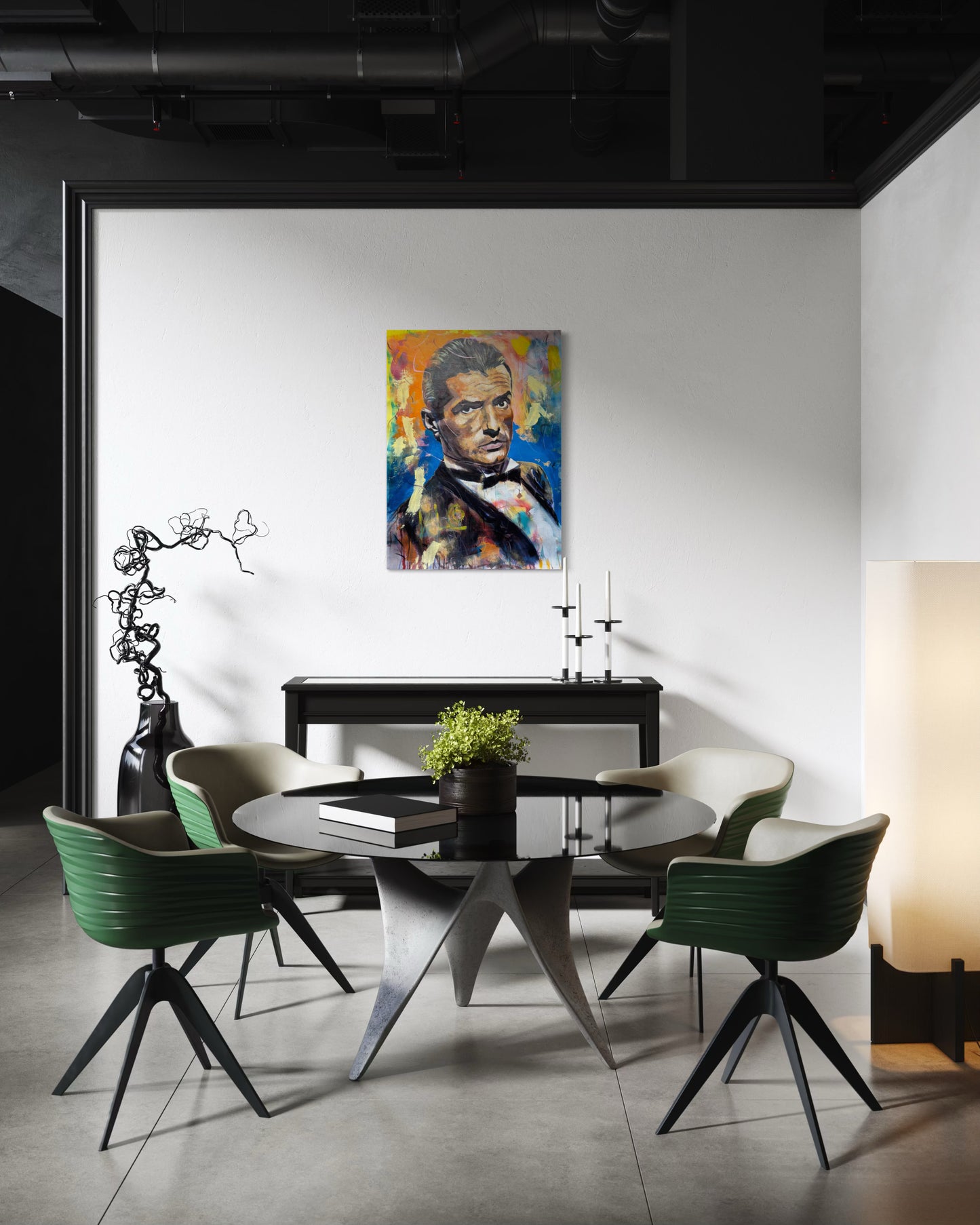 Falco painting in reading corner with round table with 4 chairs