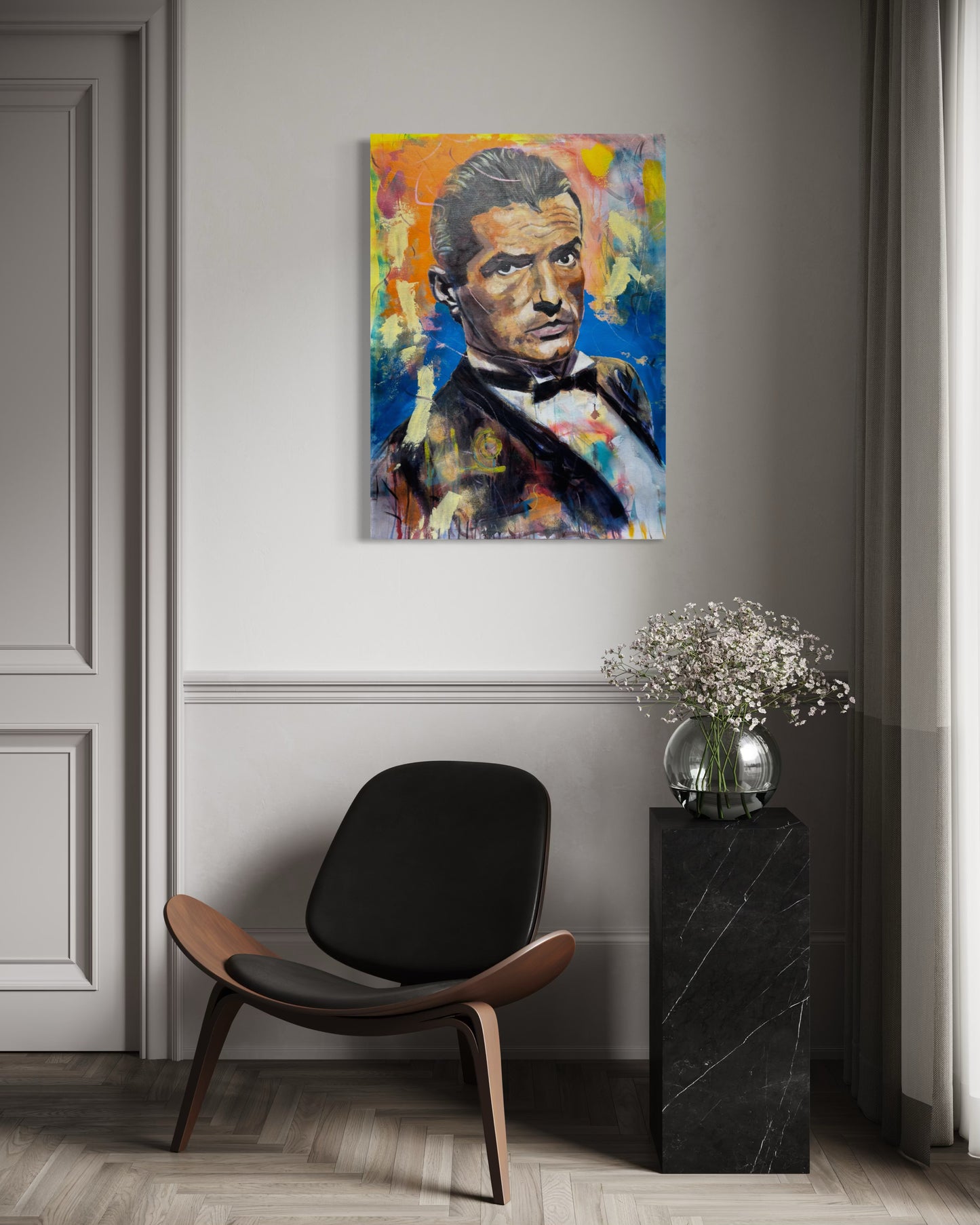 Falco painting in room corner with stylish vase and chair