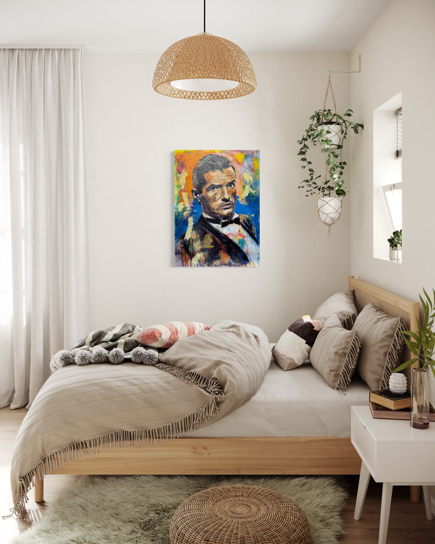 Falco painting in small cozy bedroom