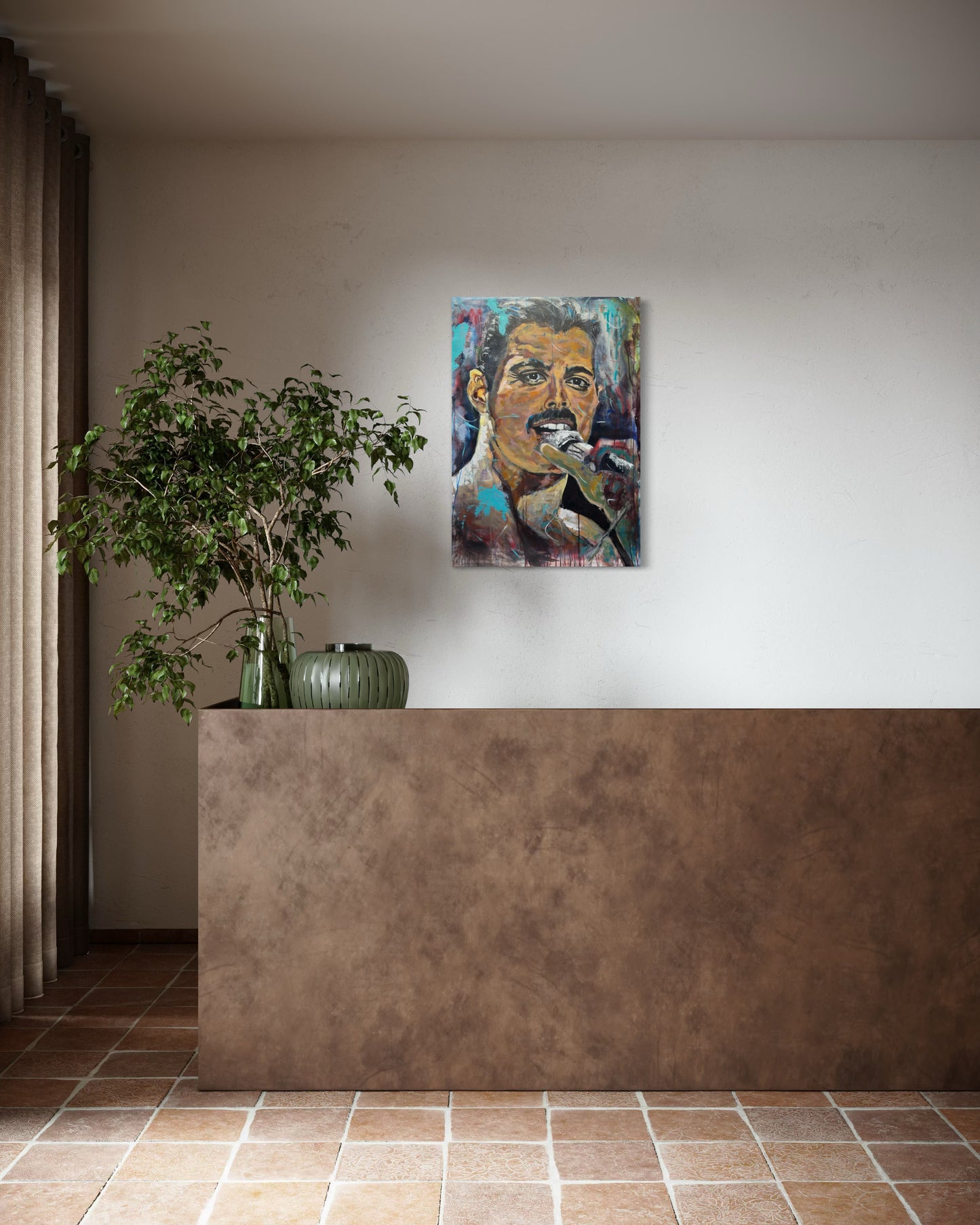 Freddie Mercury Painting above reception with plant