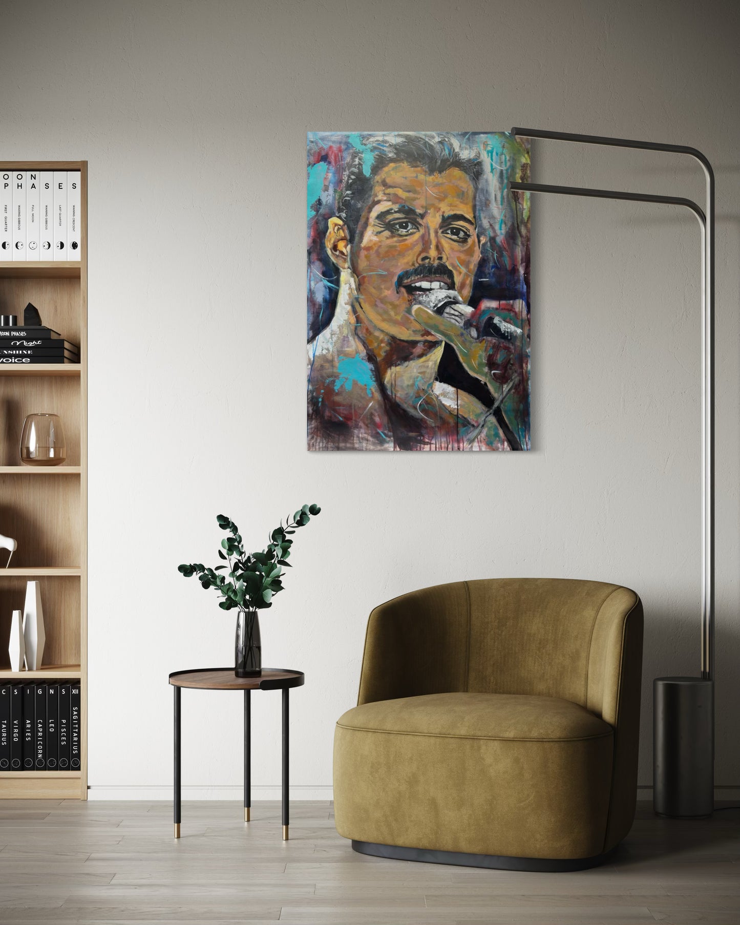 Freddie Mercury Painting above yellow brown sofa with