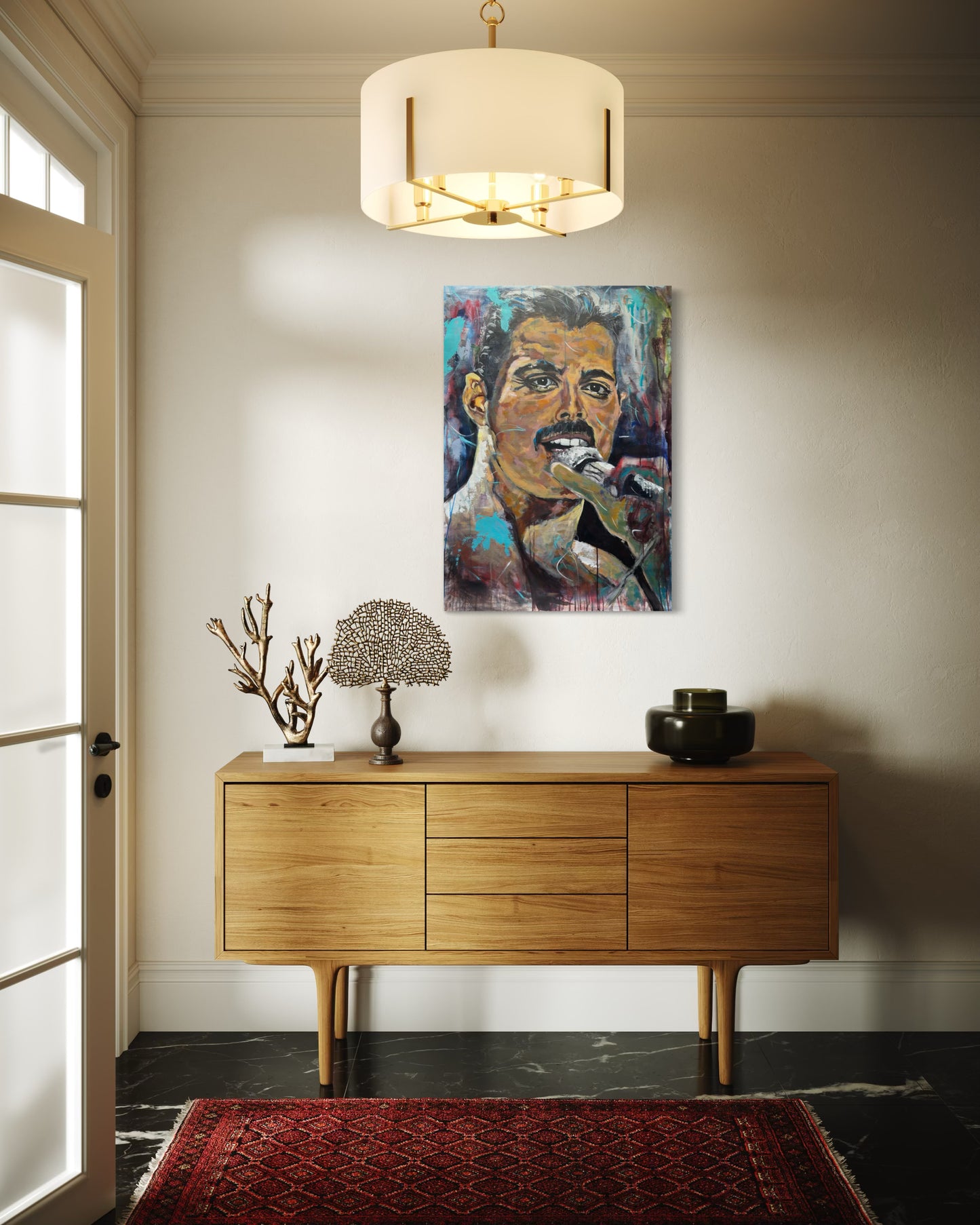 Freddie Mercury Painting above wooden dresser with stylish accessories