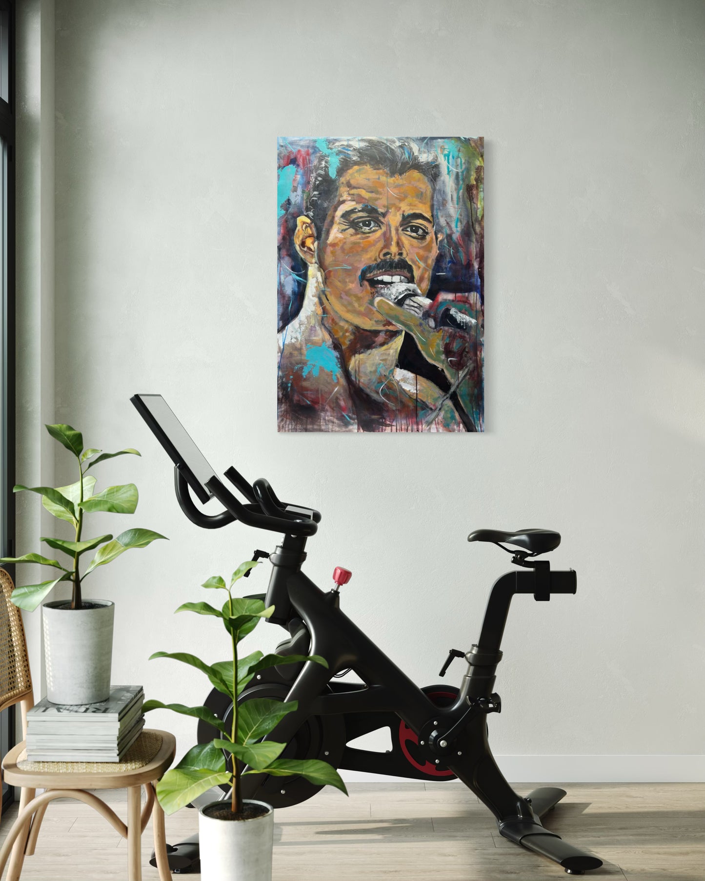 Freddie Mercury Painting in apartement gym next to standing bike