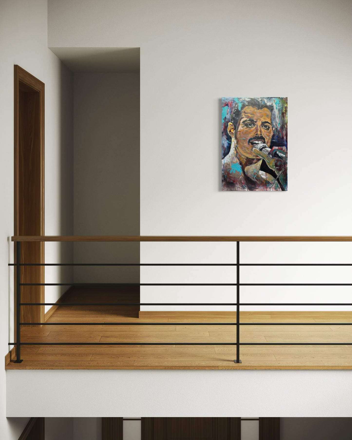 Freddie Mercury Painting in hallway with railling on upper floor