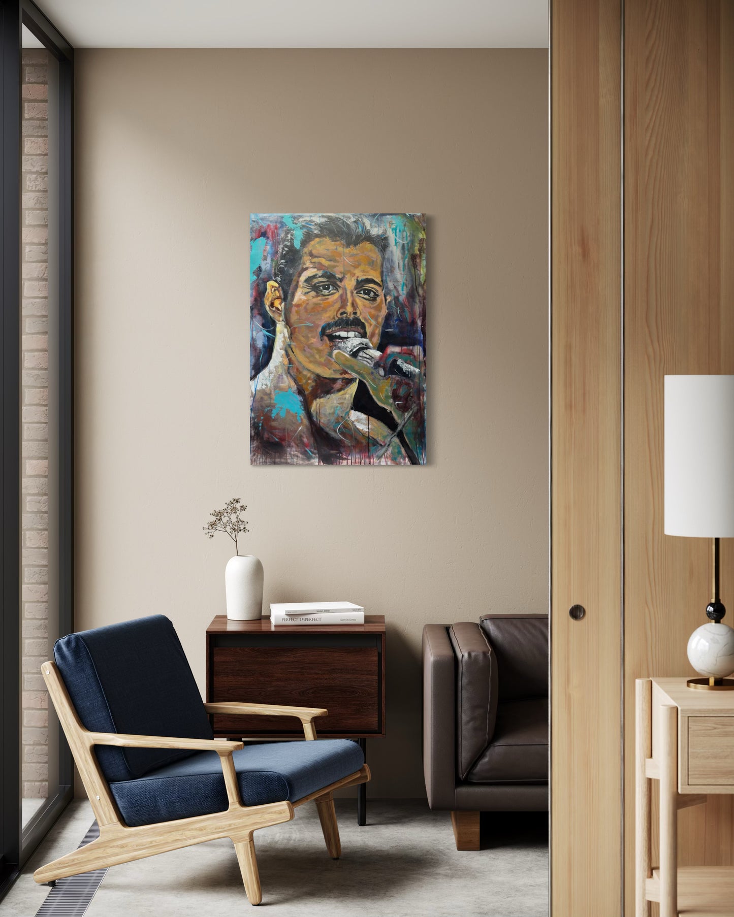Freddie Mercury Painting in living room next to balcony
