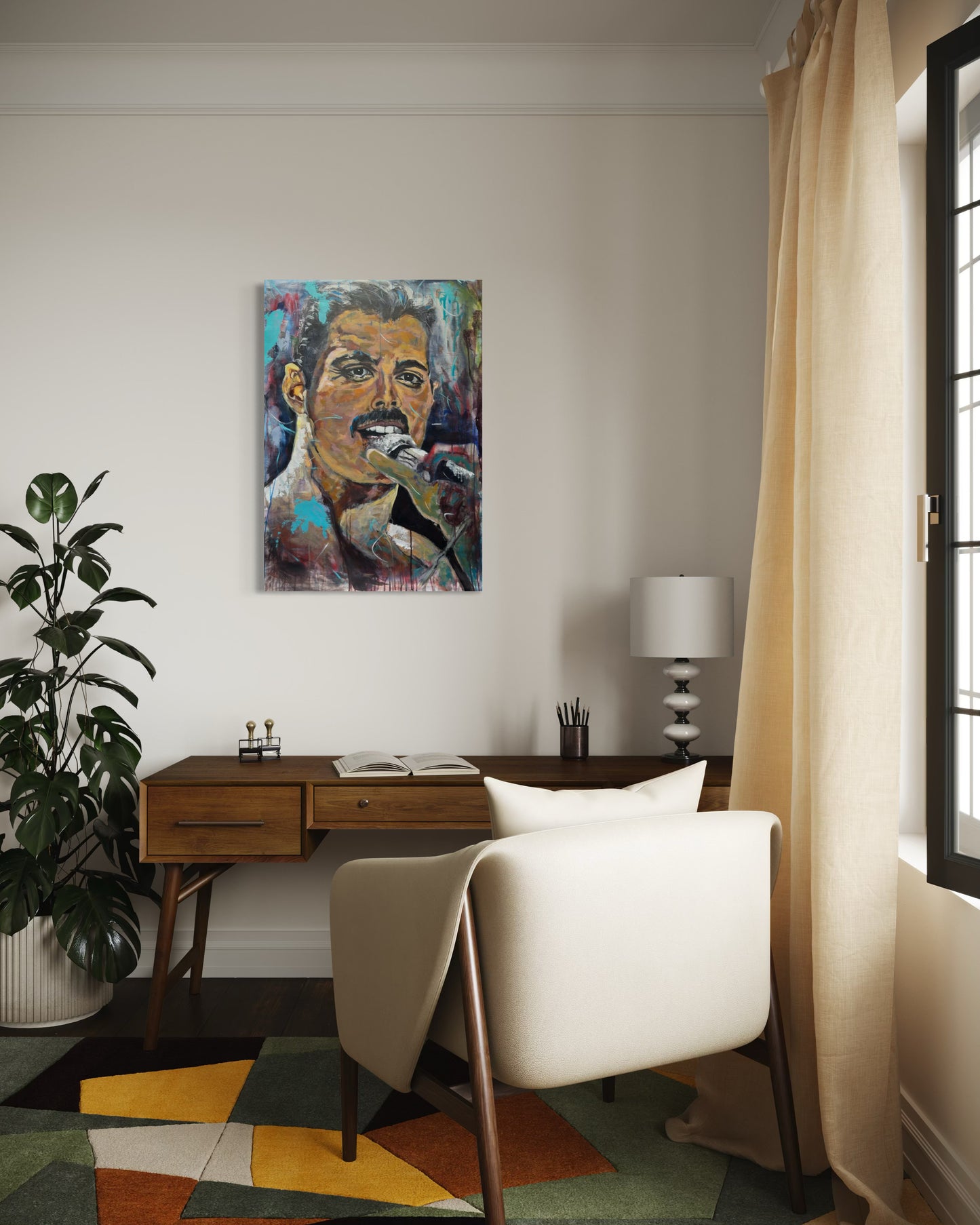 Freddie Mercury Painting in office room with colorful carpet