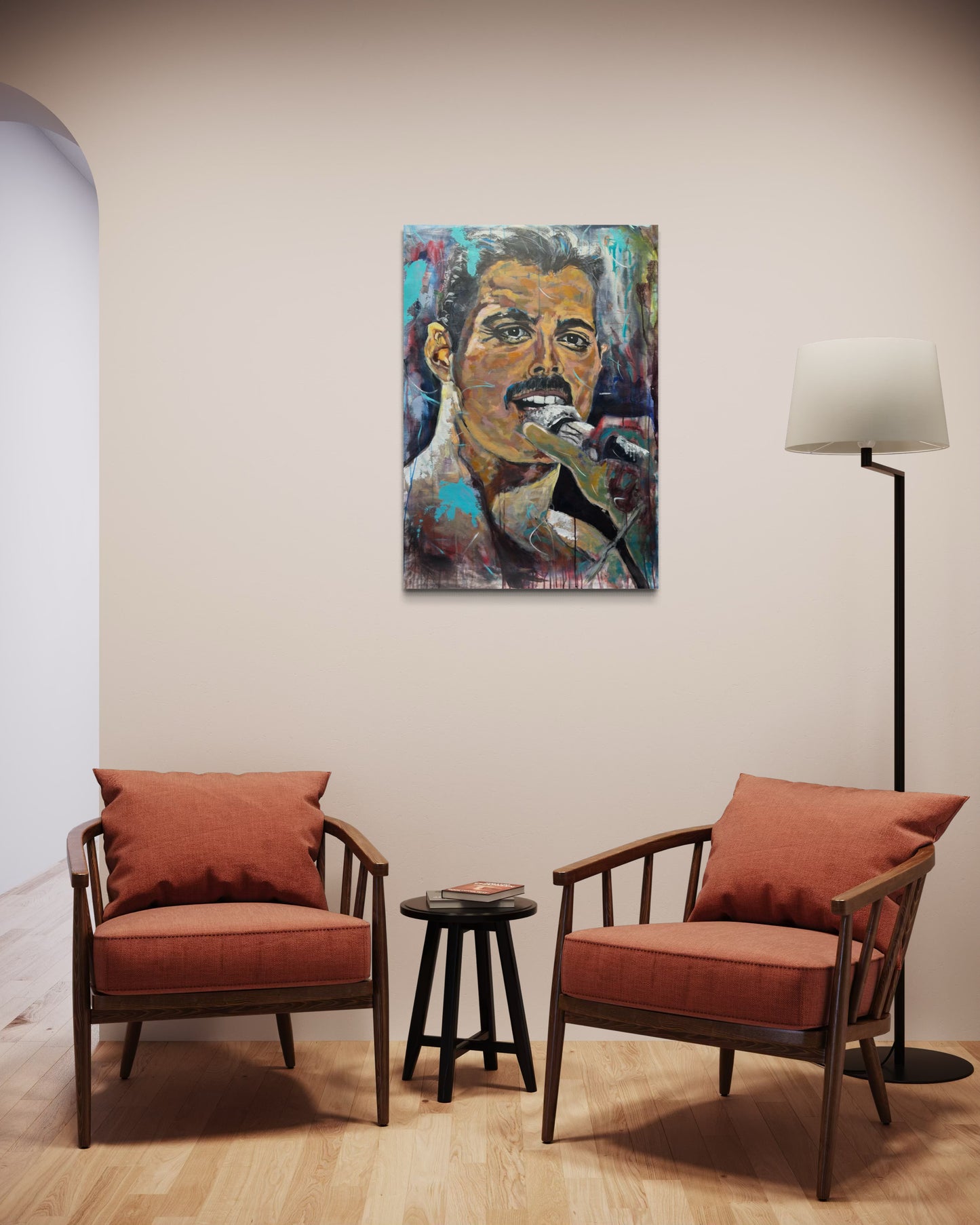 Freddie Mercury Painting in reading room with floor lamp and two chairs