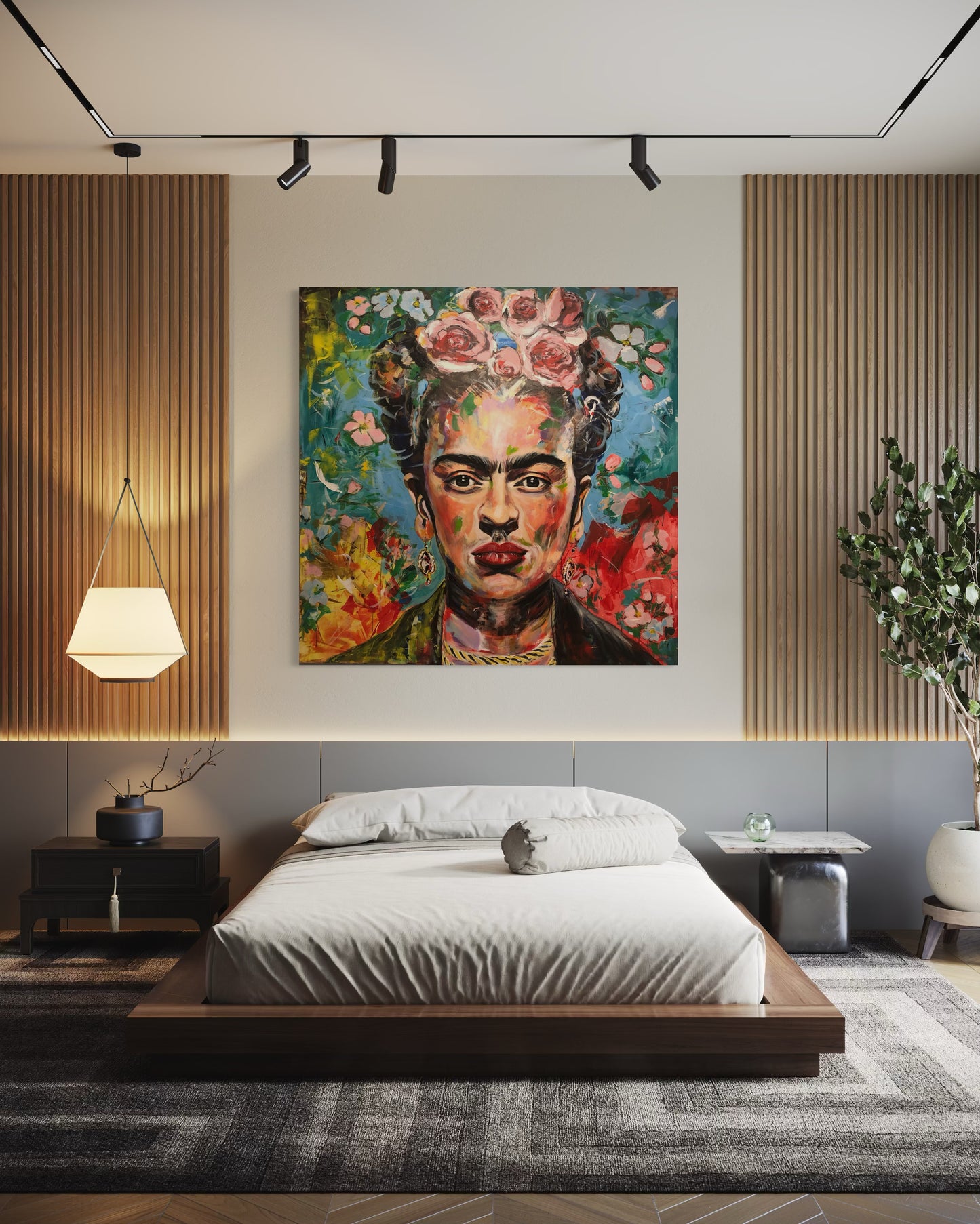 Frida Kahlo painting above double bed in large room with wooden wall decor