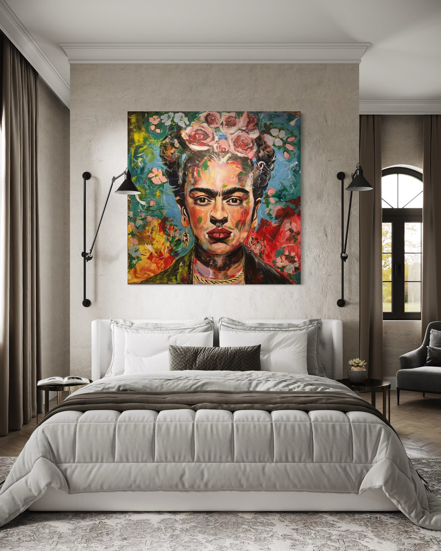 Frida Kahlo artwork above modern gray double bed