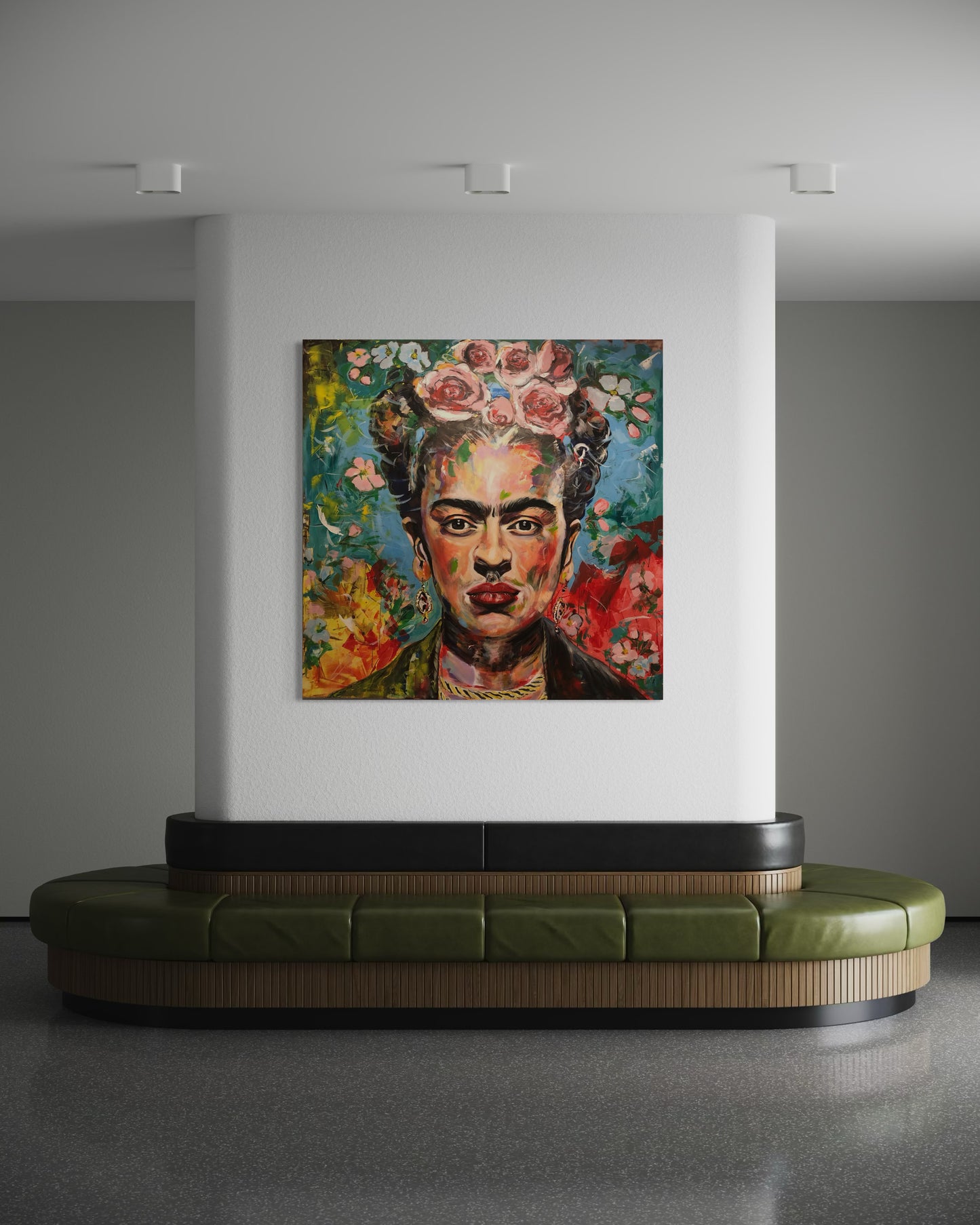 Frida Kahlo artwork as gallery display with round big sofa