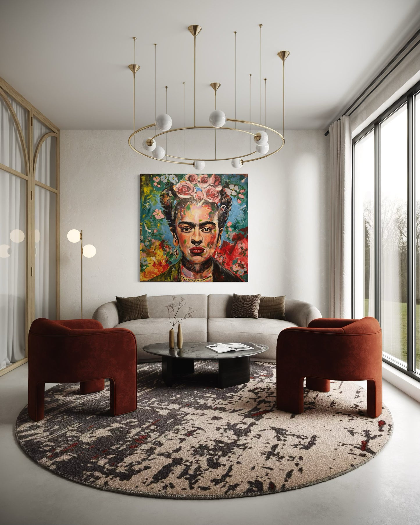 Frida Kahlo artwork in large living room with round carpet