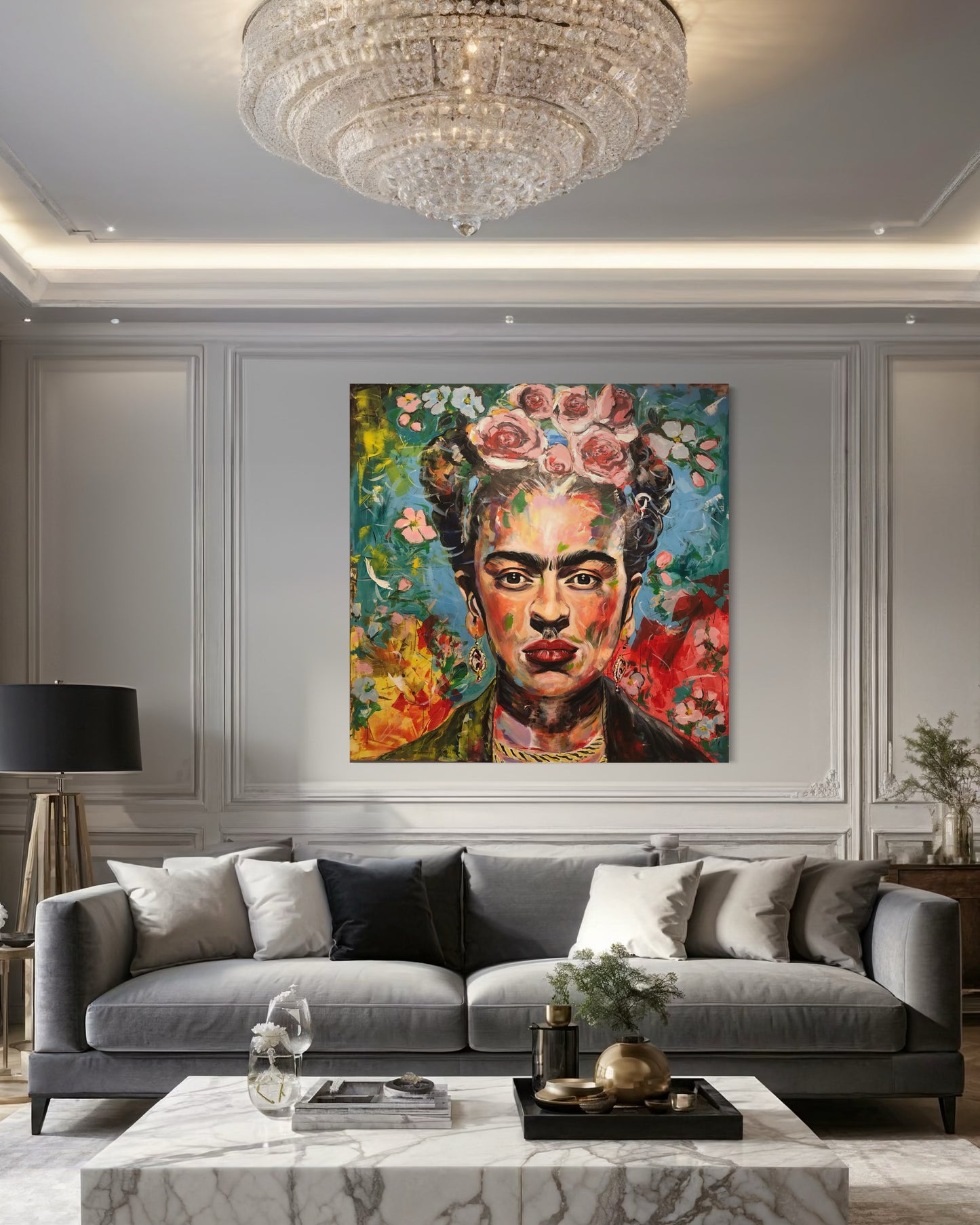 Frida Kahlo artwork large living room with large crystal lamp
