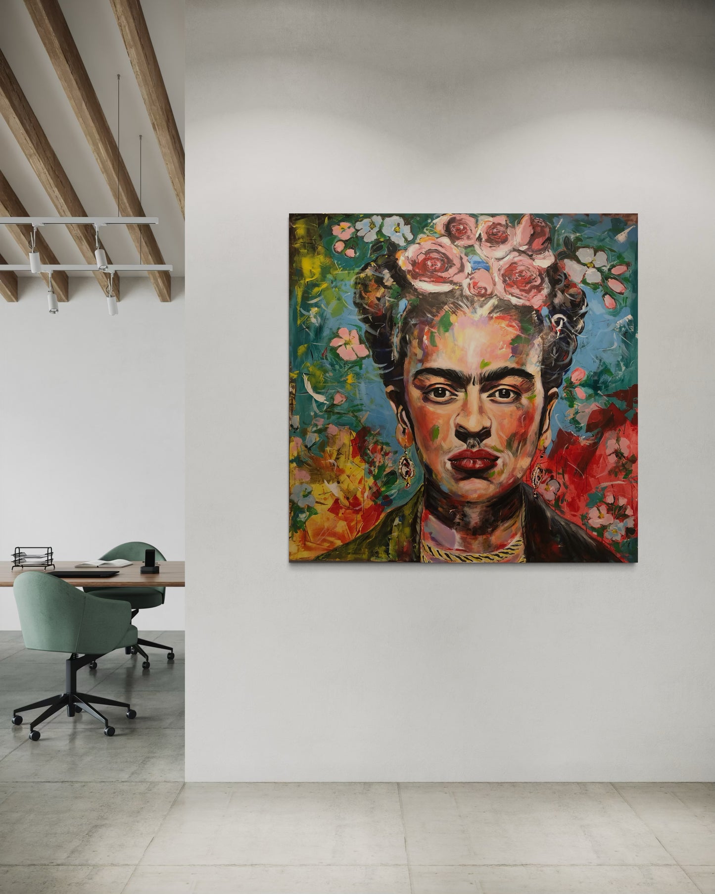 Frida Kahlo painting in modern roof office