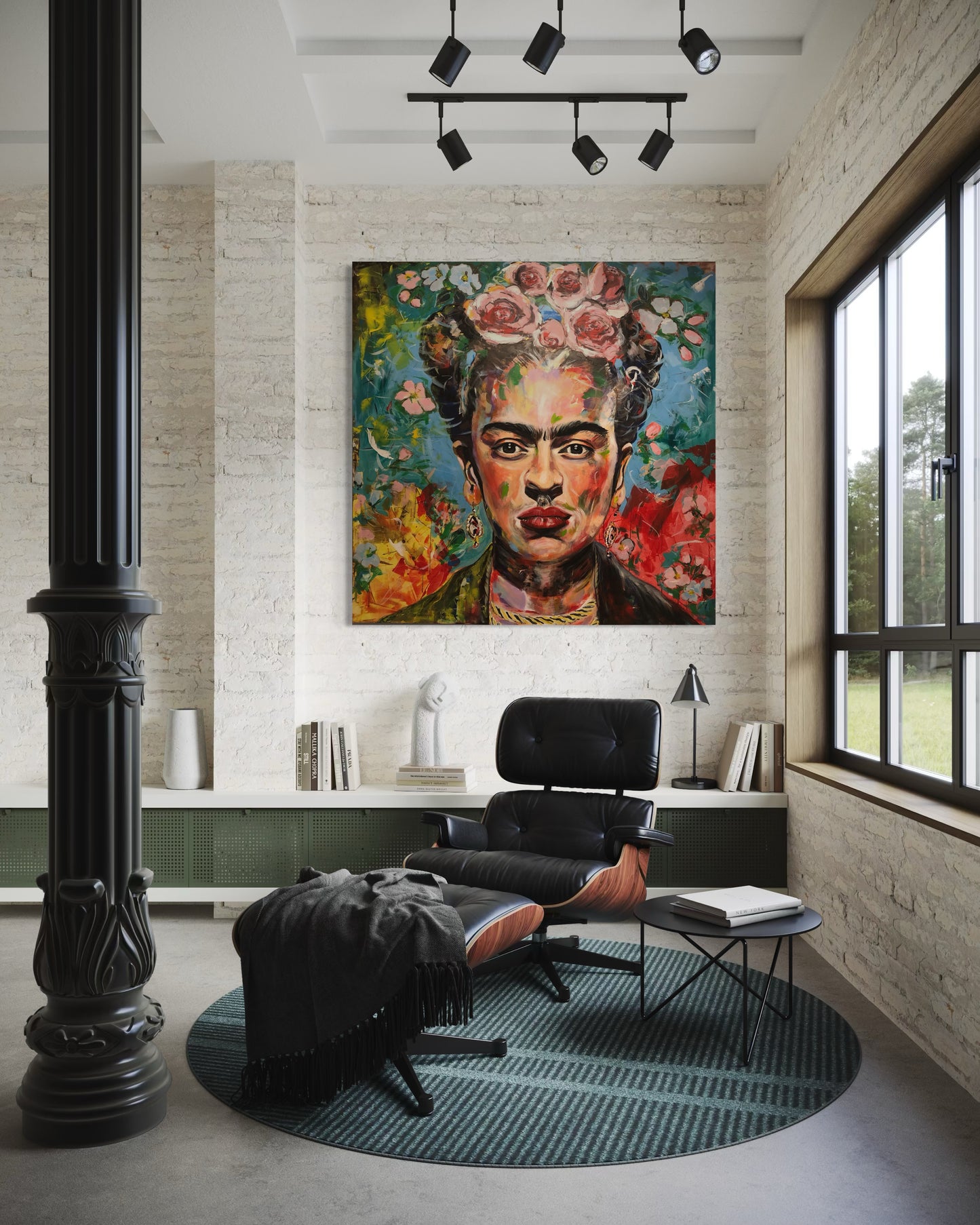 Frida Kahlo artwork stylish room with stone wall and black pillar