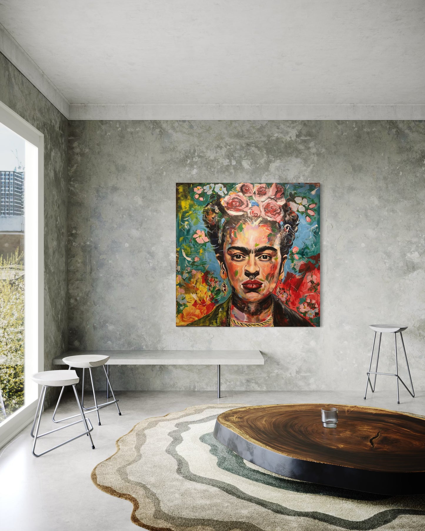 Frida Kahlo artwork with carpet and lacquered wooden platea stable