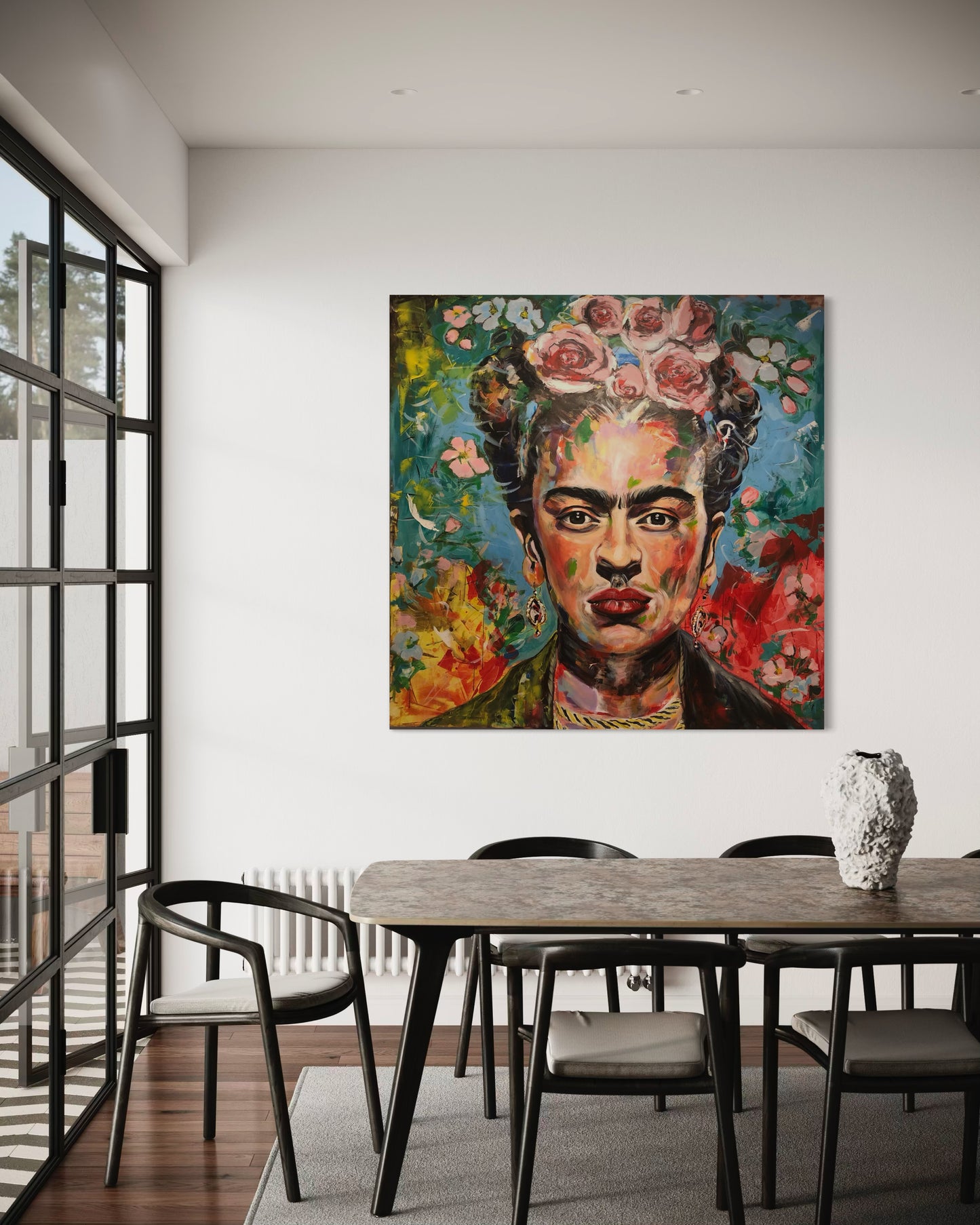 Frida Kahlo painting with dining table and balcony door