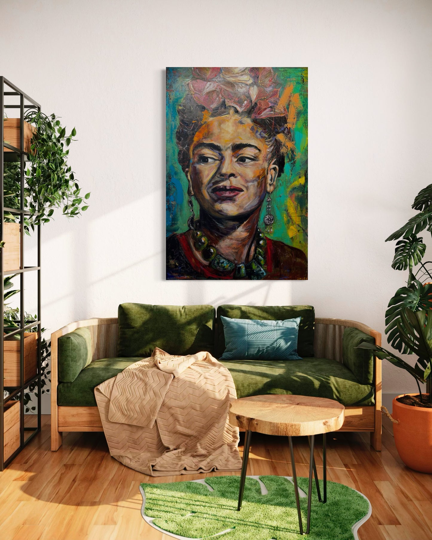 Frida Kahlo painting above green couch with stellage with plants