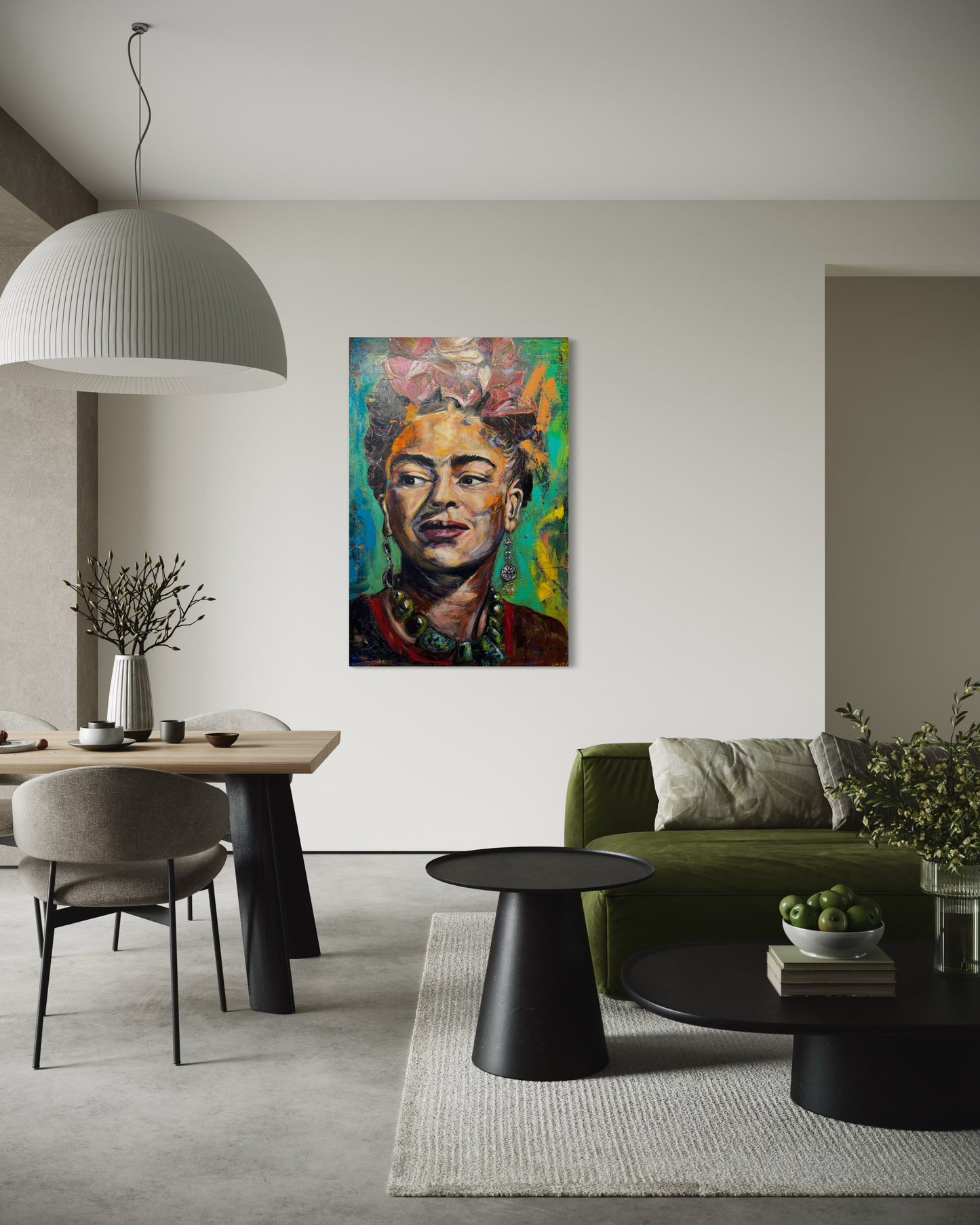Frida Kahlo painting in living room with dining table and couch