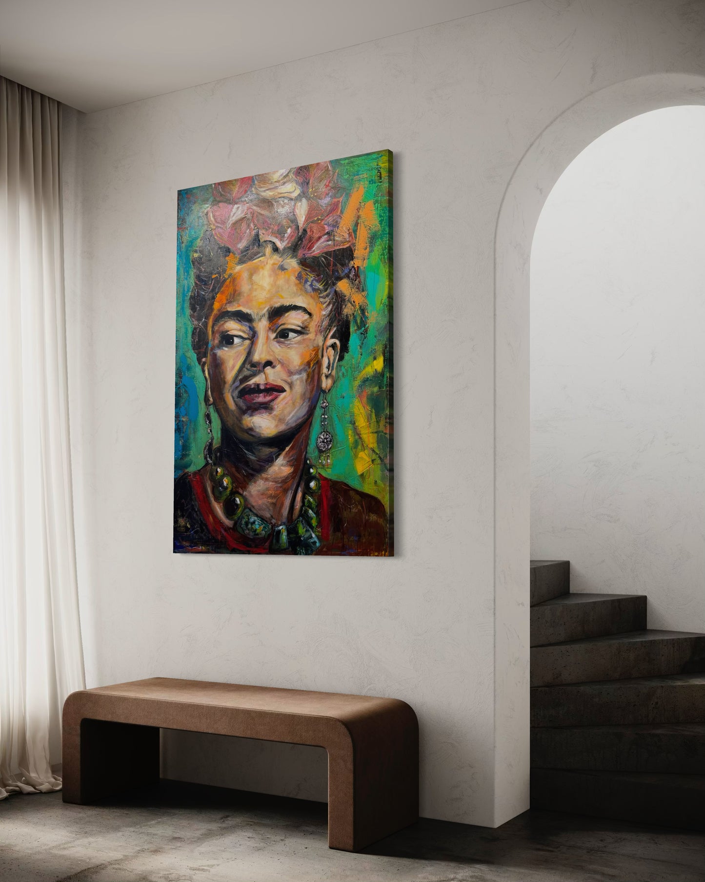 Frida Kahlo painting next to balcony door with curtains