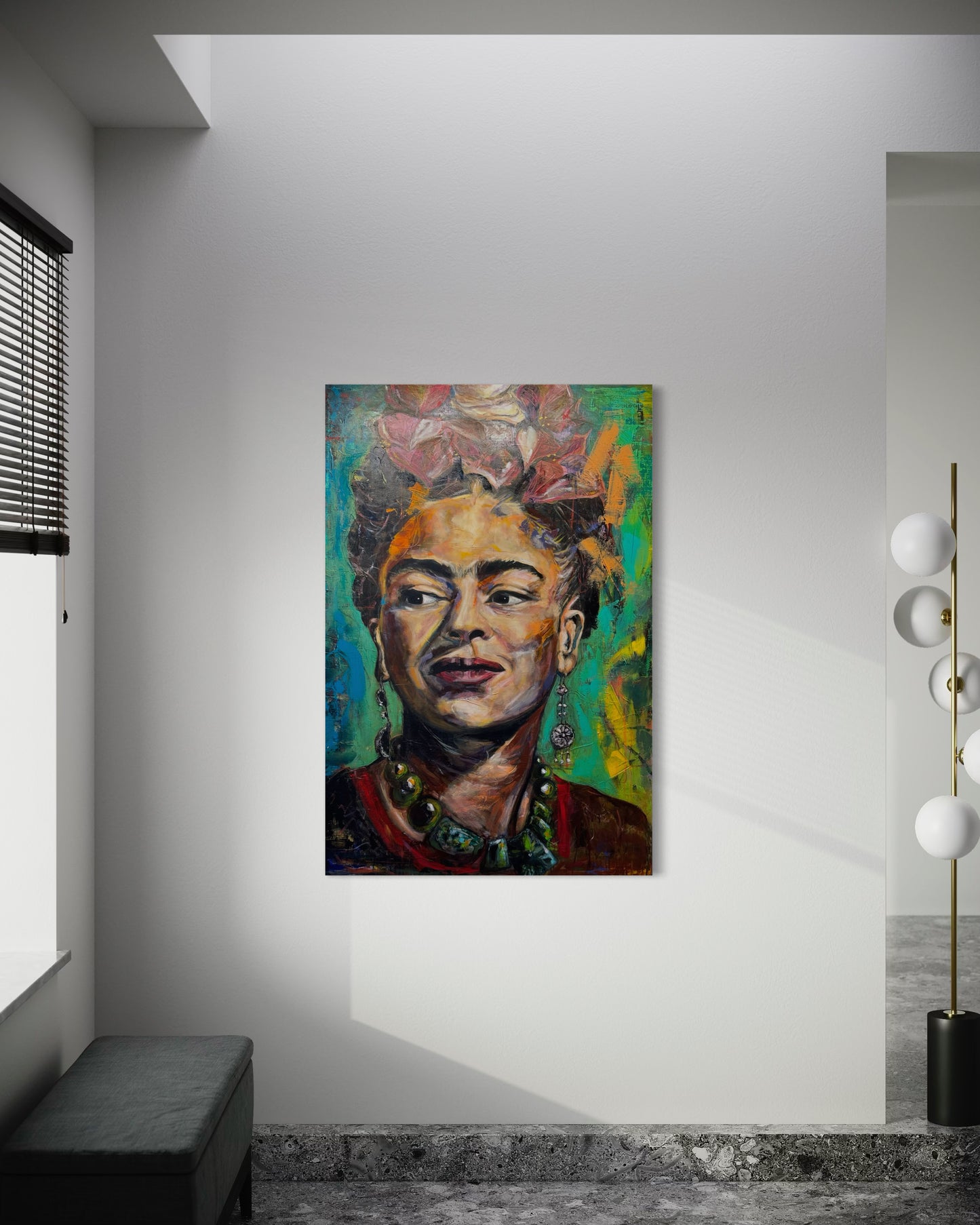 Frida Kahlo painting next to window with bench
