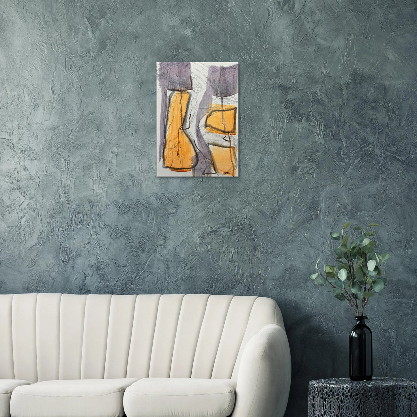 GLOBALLY Canvas print as unifying focal point above gray sofa - global wall decoration