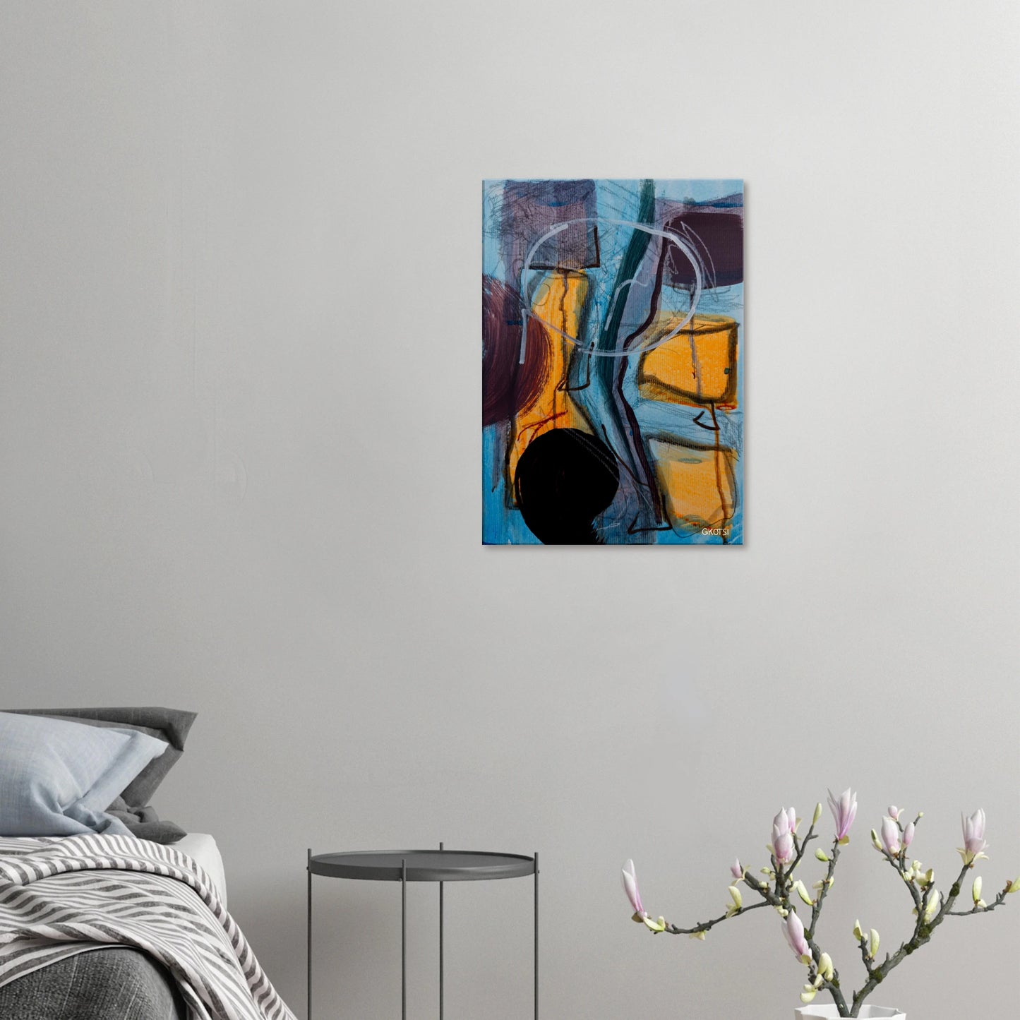 GLOBALLY canvas print above bed with small plant