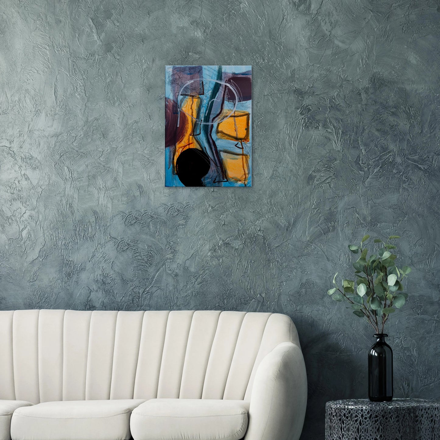 GLOBALLY canvas print above grey sofa in modern living room