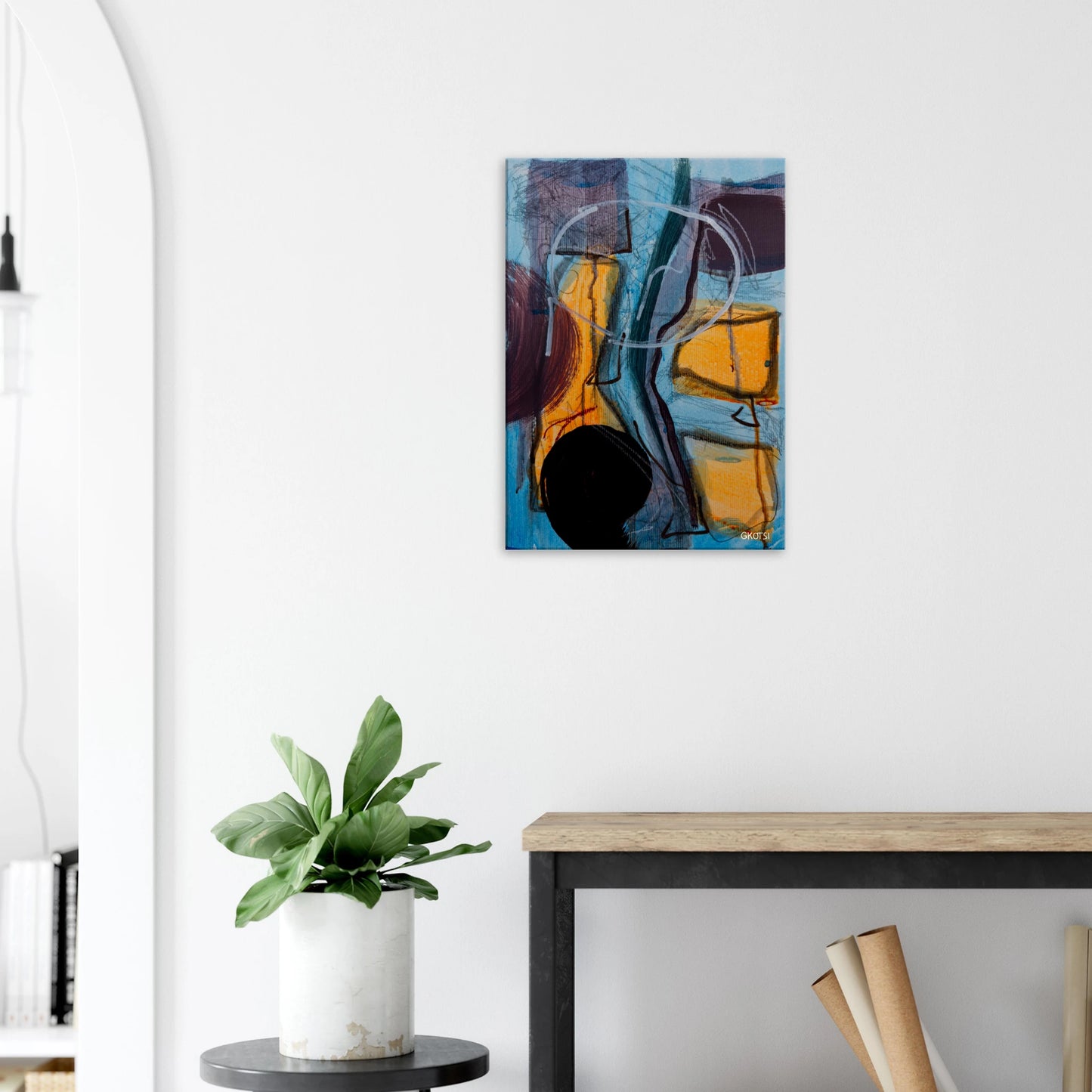 GLOBALLY canvas print above sideboard with small plant