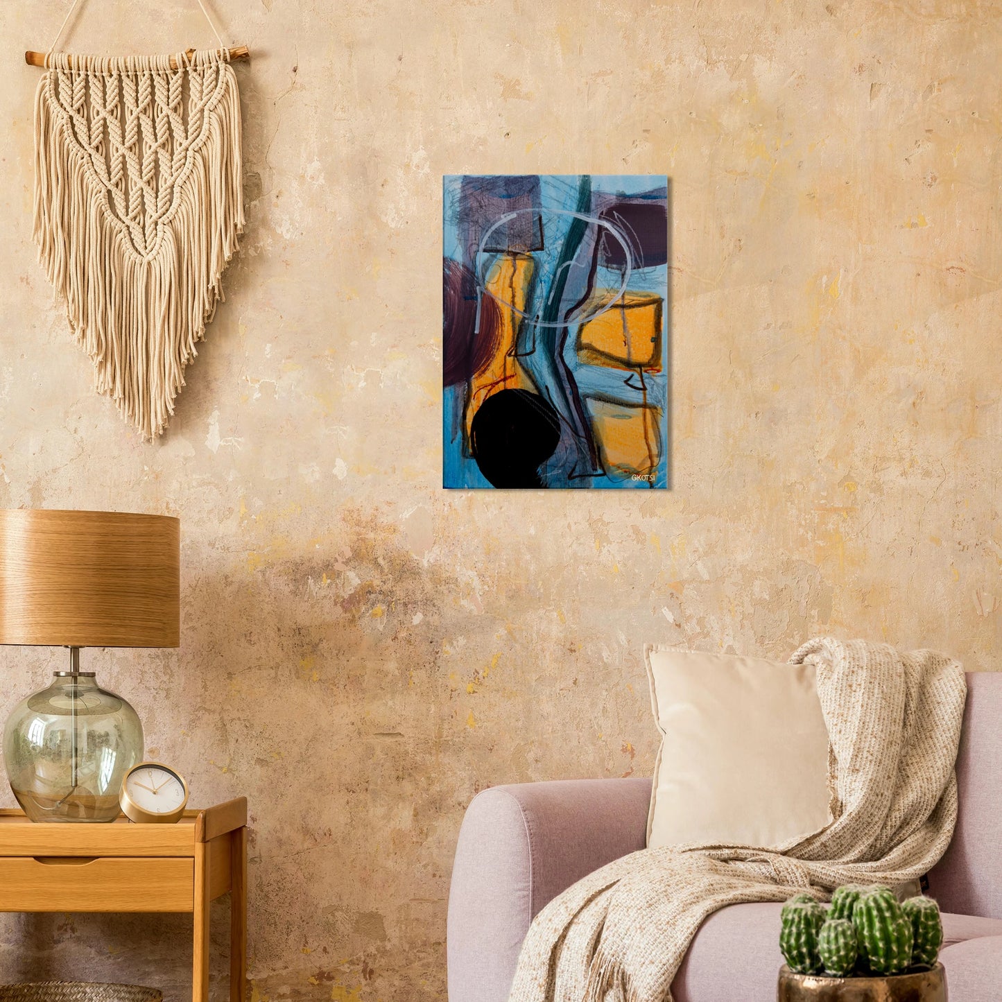 GLOBALLY canvas print on light brown wall above sofa
