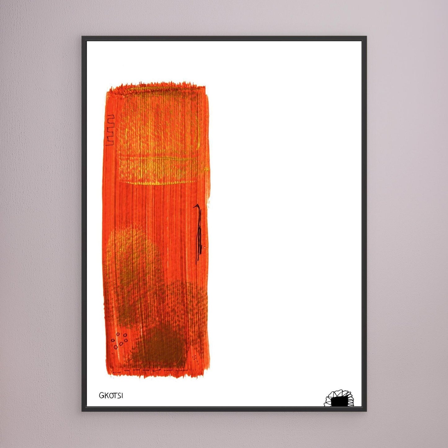 GOLD abstract art on gray wall with black frame - clean luxurious canvas display