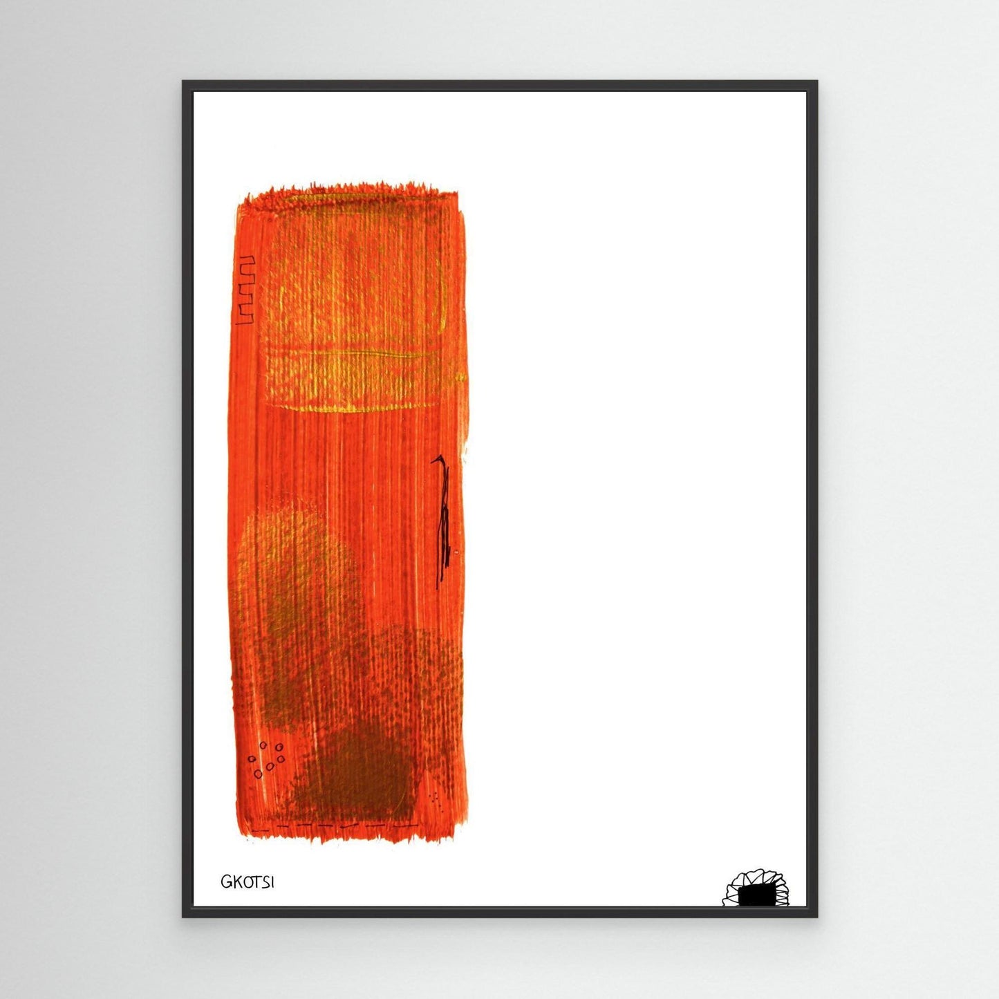 GOLD abstract art on white wall with black frame - clean luxurious canvas display