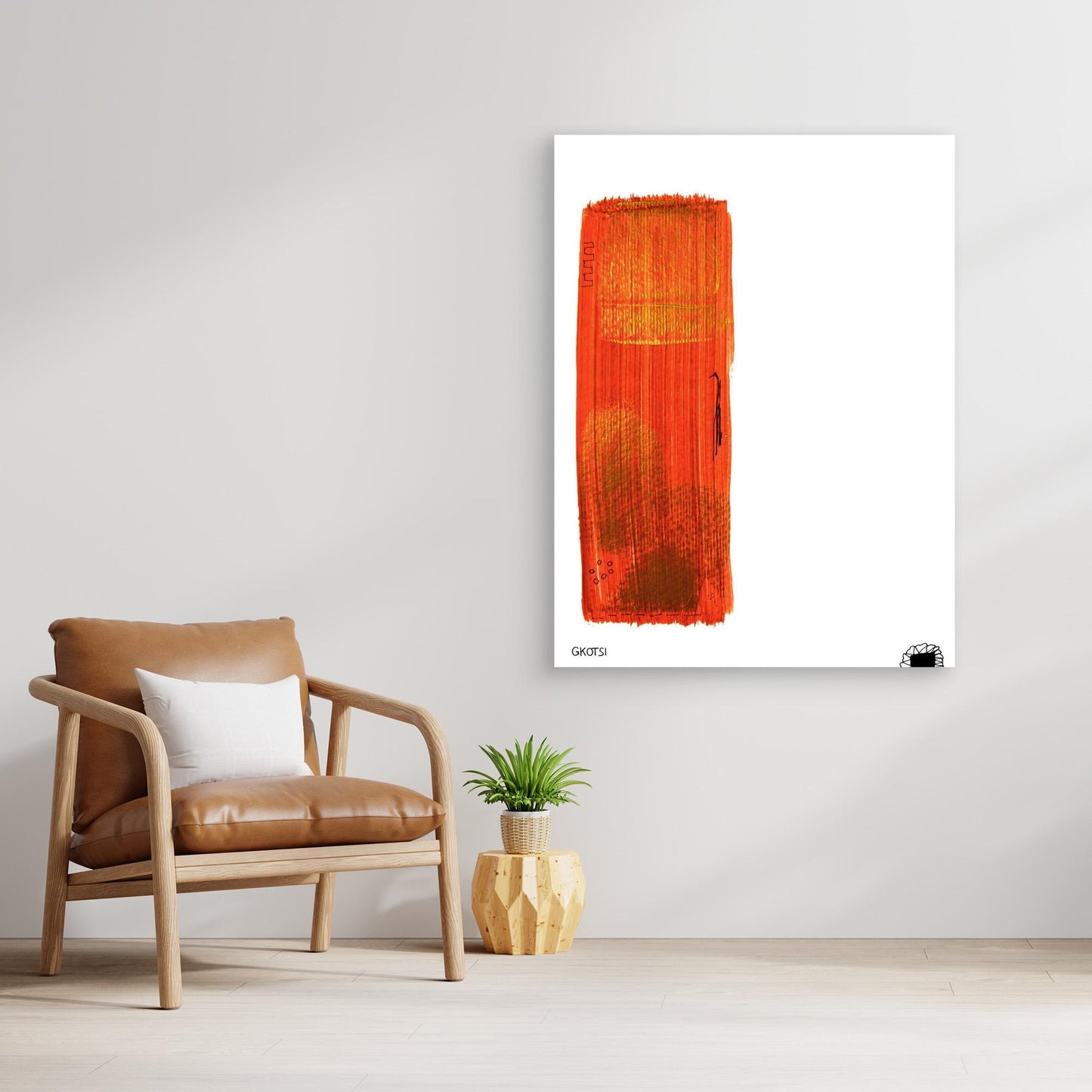 GOLD artwork displayed near modern chair - elegant luxurious wall decor