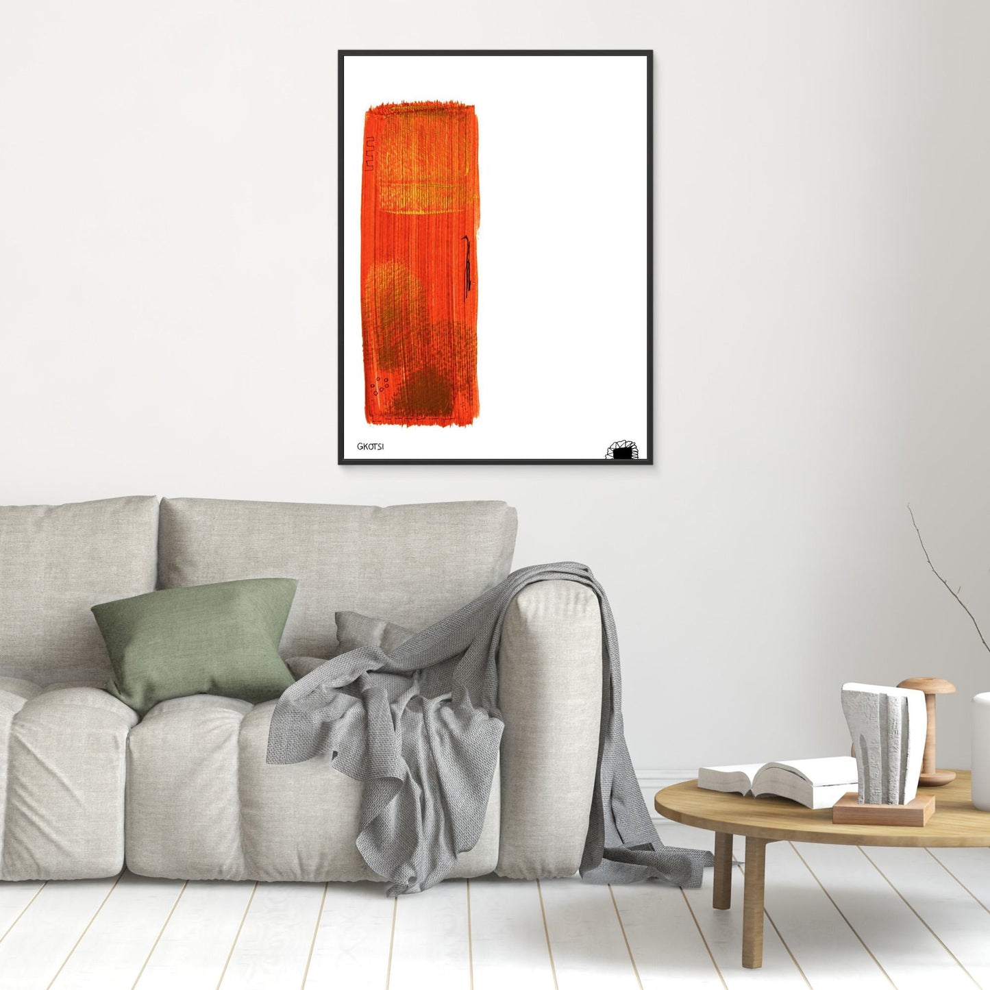 GOLD canvas print above grey sofa - luxurious abstract wall art decor