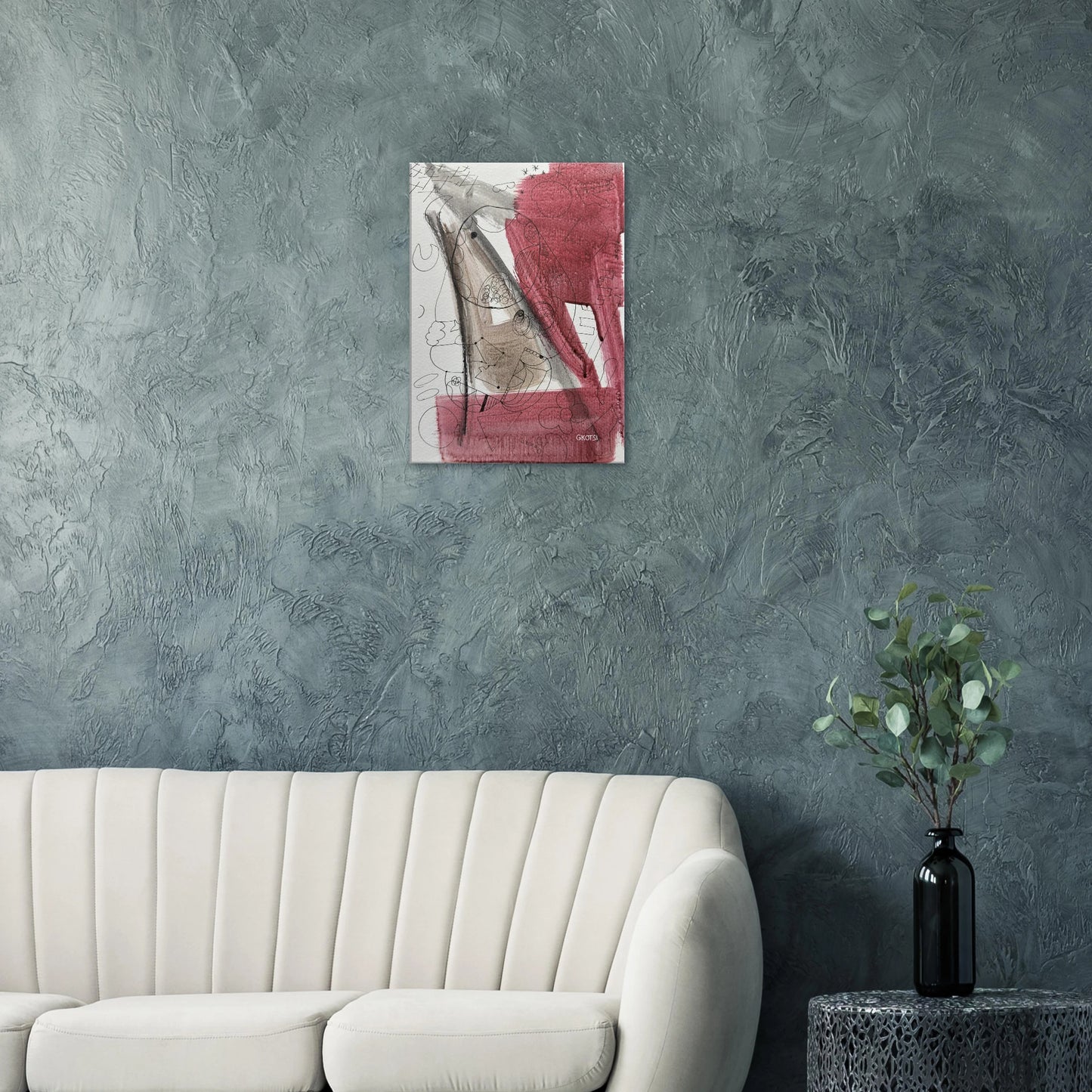 GROOVY Canvas print as energetic focal point above gray sofa - groovy wall decoration