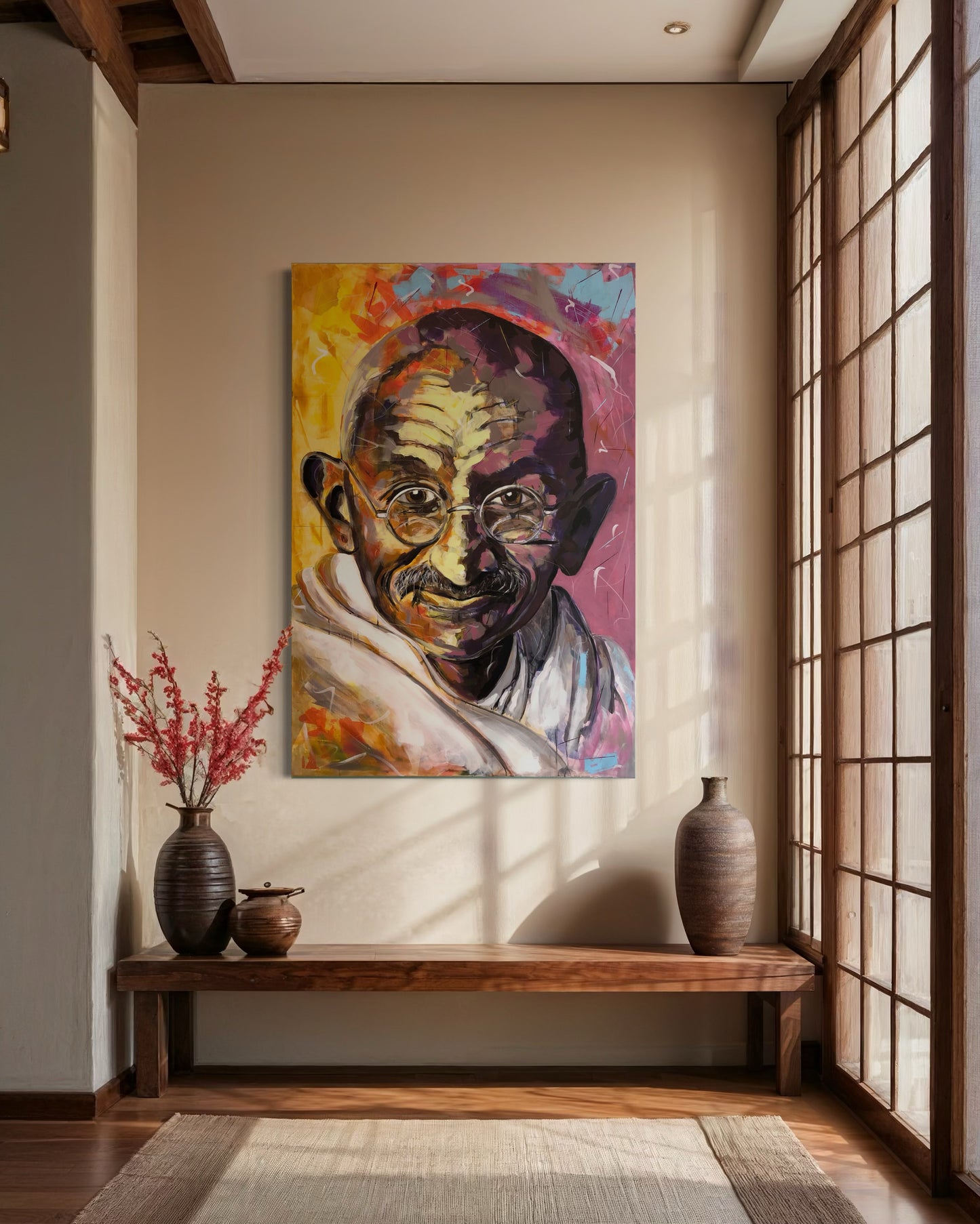 Gandhi Original Painting above wooden bench next to large window